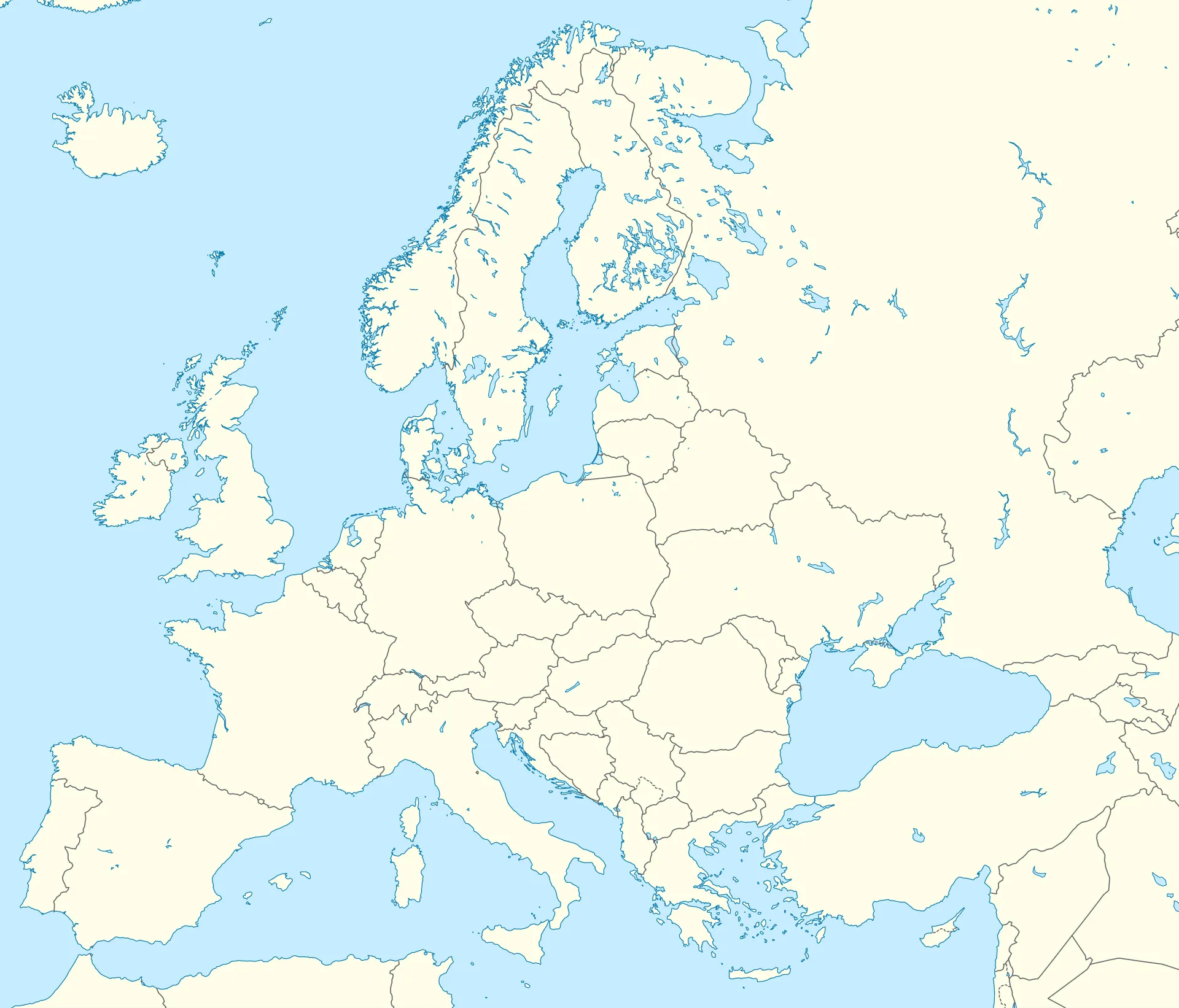 A blank map of Europe with country outlines, useful for a general knowledge quiz about currency in the EU.