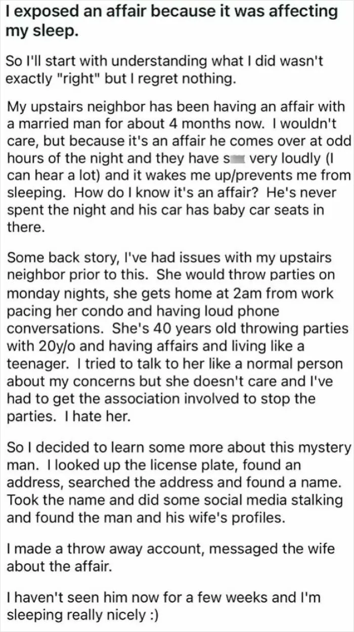 I Exposed An Affair Because It Was Affecting My Sleep