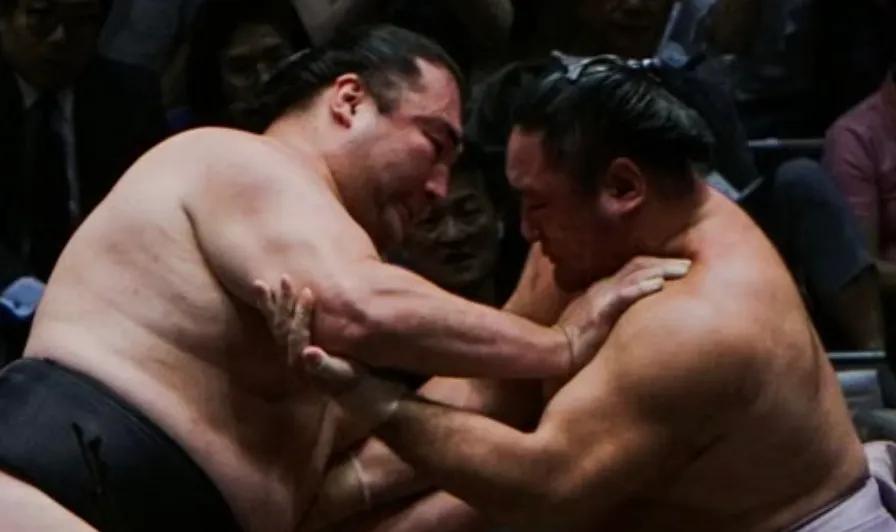 Two sumo wrestlers in a traditional Japanese wrestling match, a general knowledge quiz about sports.