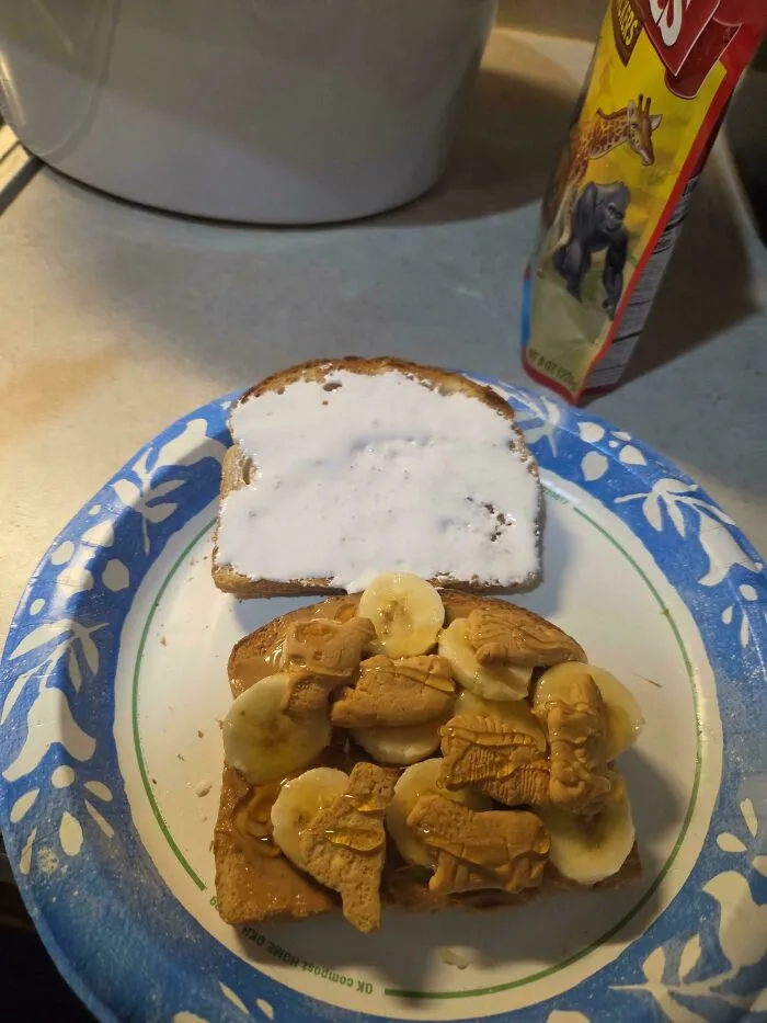 Sandwich topped with bananas and animal crackers as questionable food combos.