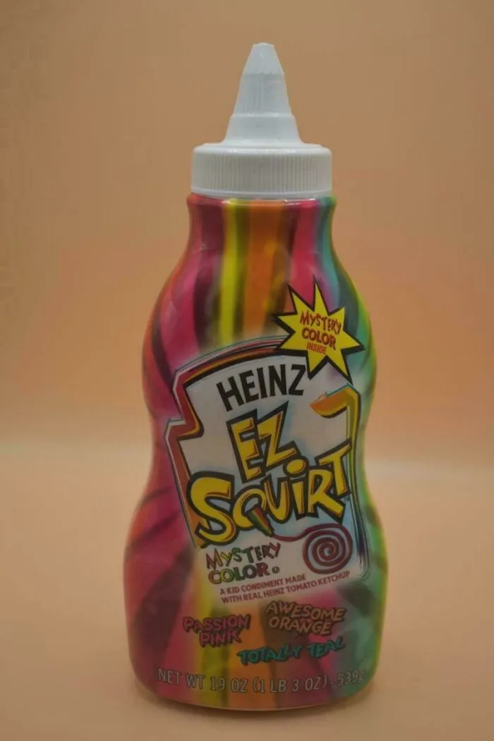 Heinz EZ Squirt colorful mystery ketchup bottle representing questionable food combos.
