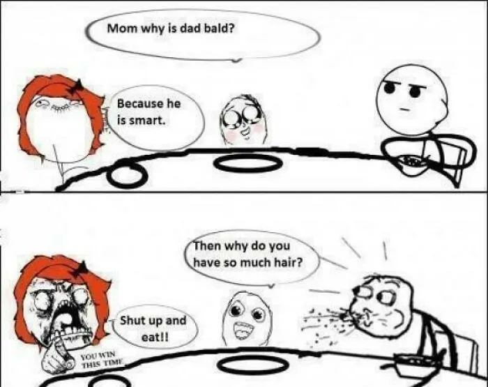 A rage comic featuring a family discussing hair and baldness, a humorous example of ancient memes.