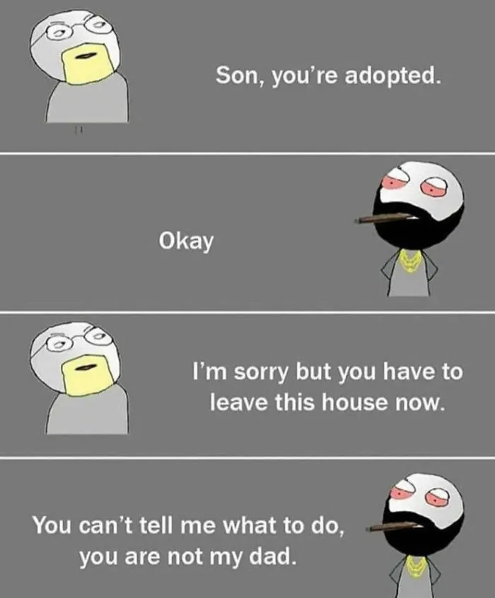 A multi-panel meme about an adopted son reacting to his father, a classic example of ancient memes that still crack people up.