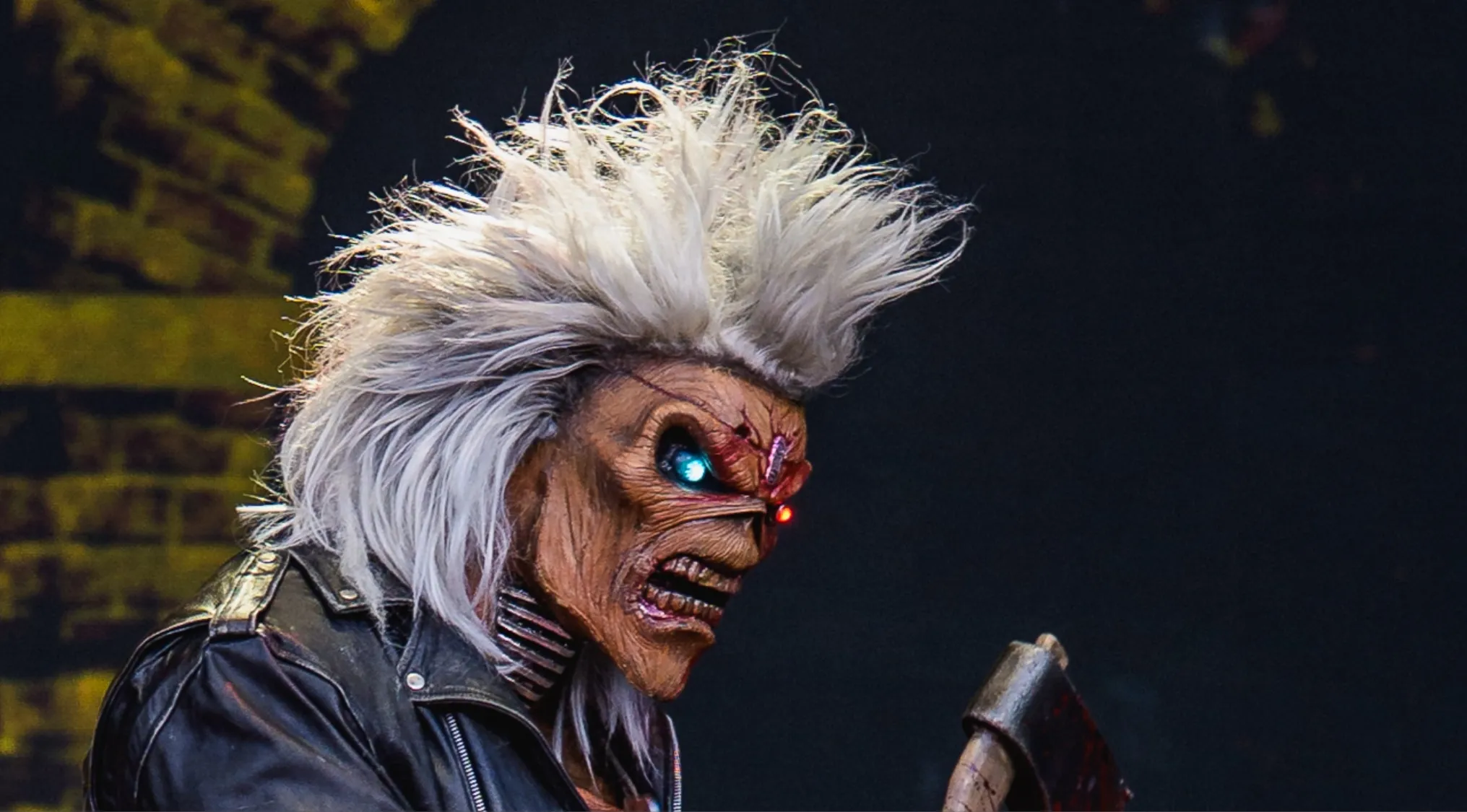 Close-up of Eddie, the mascot of legendary heavy metal band Iron Maiden, holding an axe.