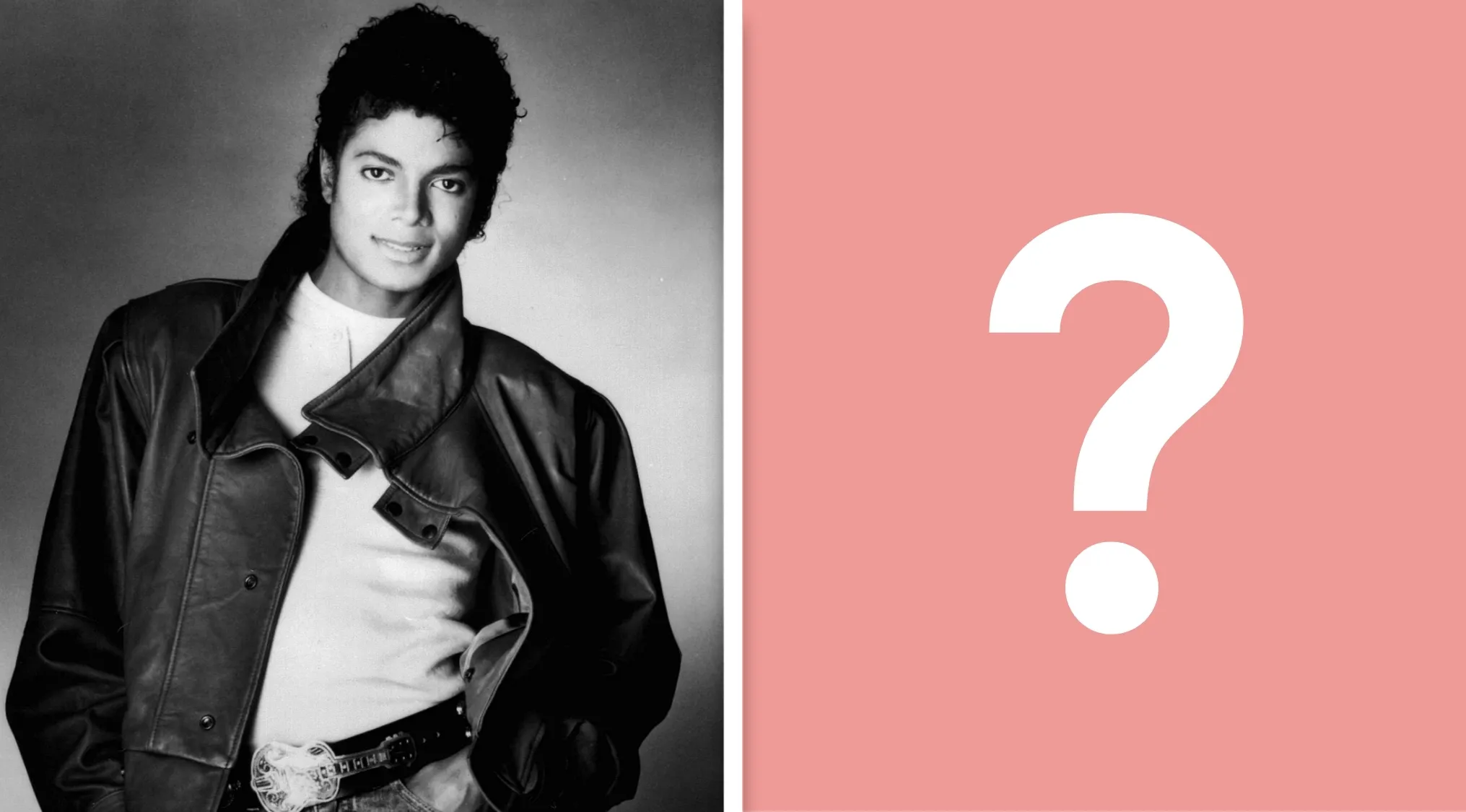 Michael Jackson in a leather jacket with a question mark on a pink background, asking who was his legendary producer.