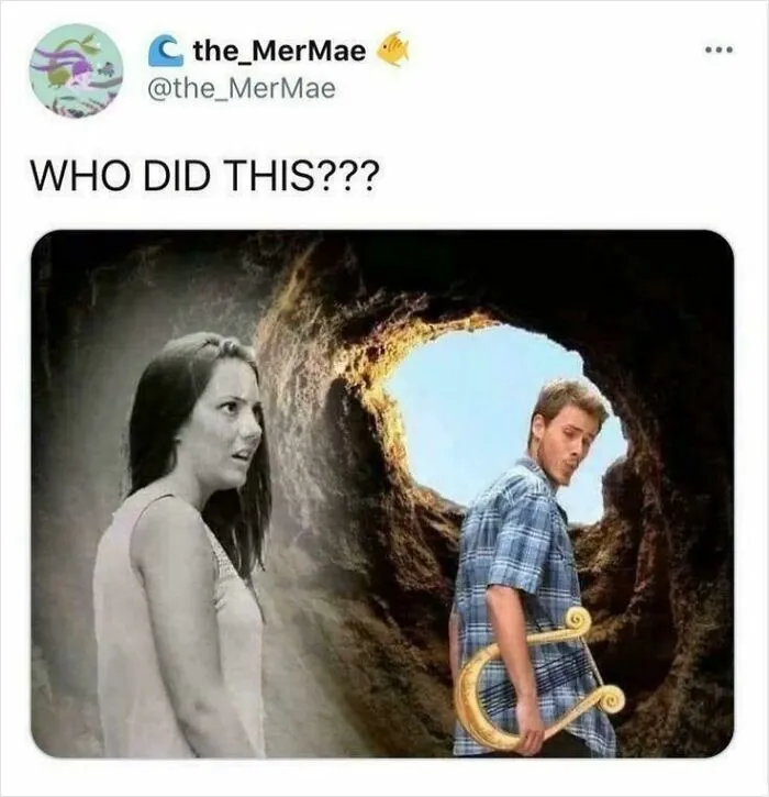 A mythology meme depicting a woman looking shocked at a man holding a golden lyre-shaped object in a cave.