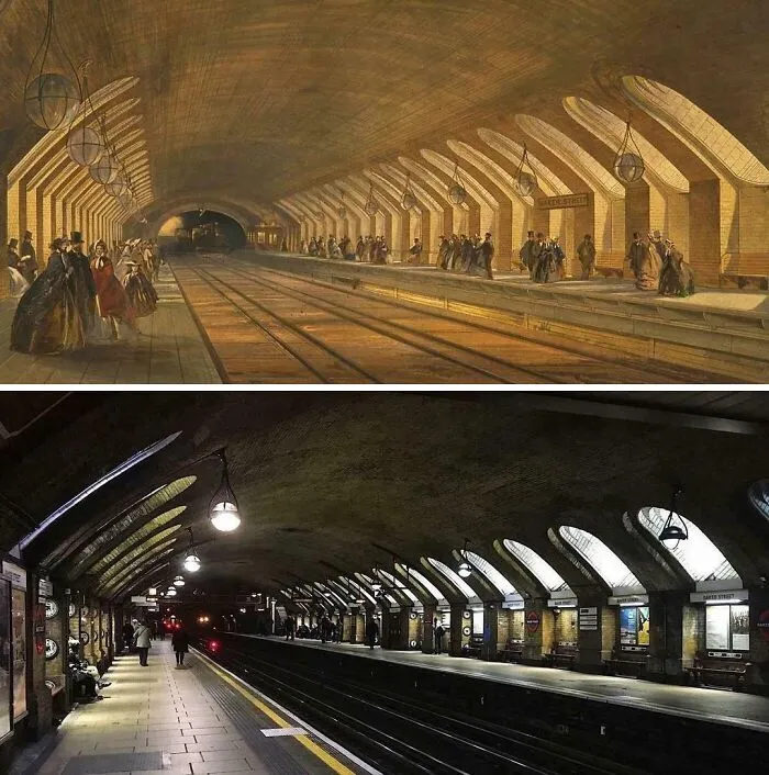 La estación de metro más antigua del mundo, Baker Street, Inglaterra. 160 años de diferencia.