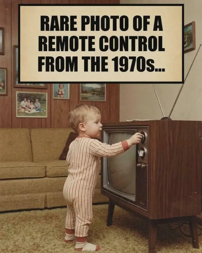 A young child in striped pajamas standing in front of an old television, reaching for the tuning knobs, with text stating, 'Rare photo of a remote control from the 1970s...' This is one of many ancient memes that still crack people up.