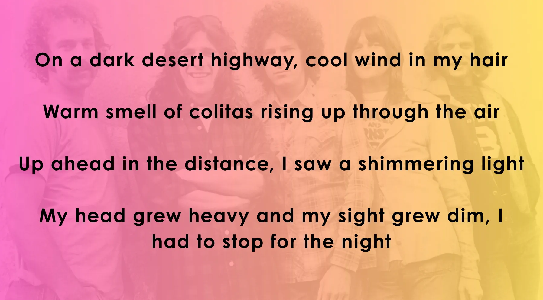 Eagles band members blurred with opening lyrics for a music quiz question.