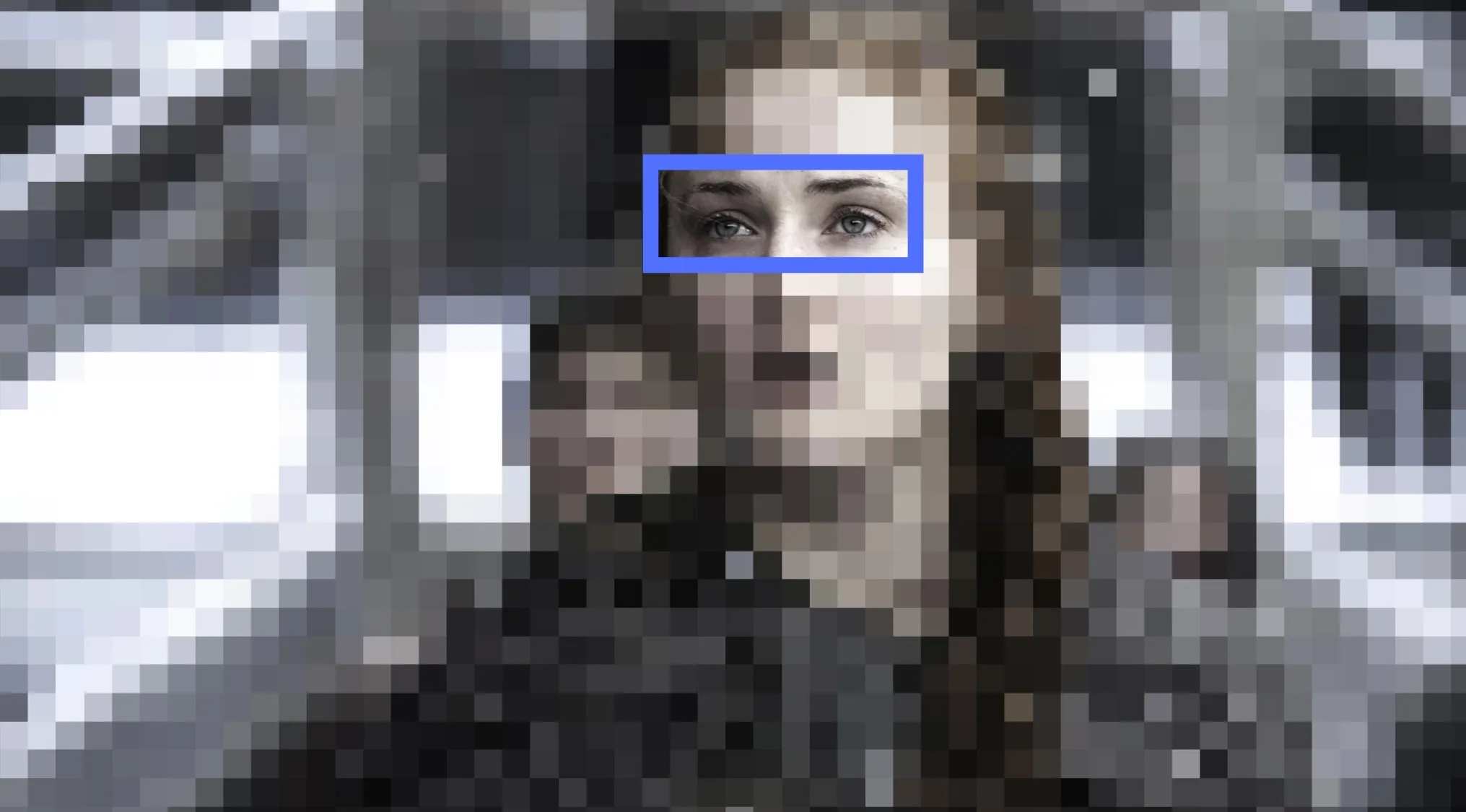 Pixelated image focusing on the eyes of Sansa Stark from Game of Thrones, highlighted in a blue box for a TV show quiz.