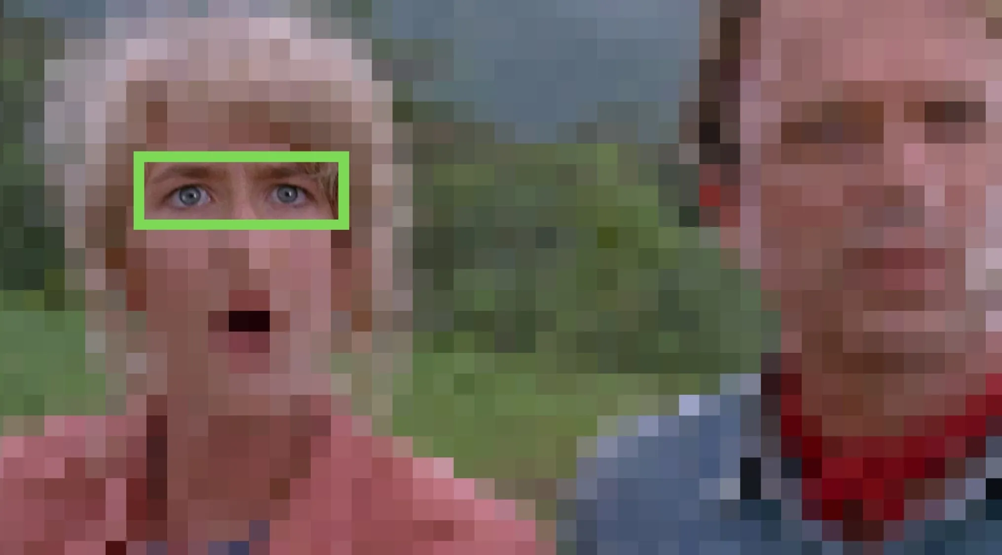 Pixelated image of Ellie Sattler's surprised eyes from a '90s classic movie for the guess the movie game.