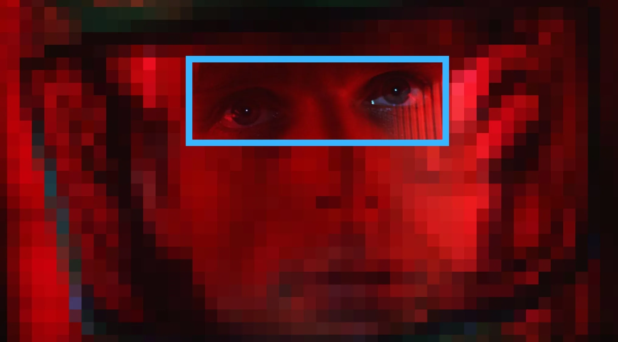 Guess the film from the eyes: Pixelated image of a person's eyes in red light, part of a movie and TV show quiz.