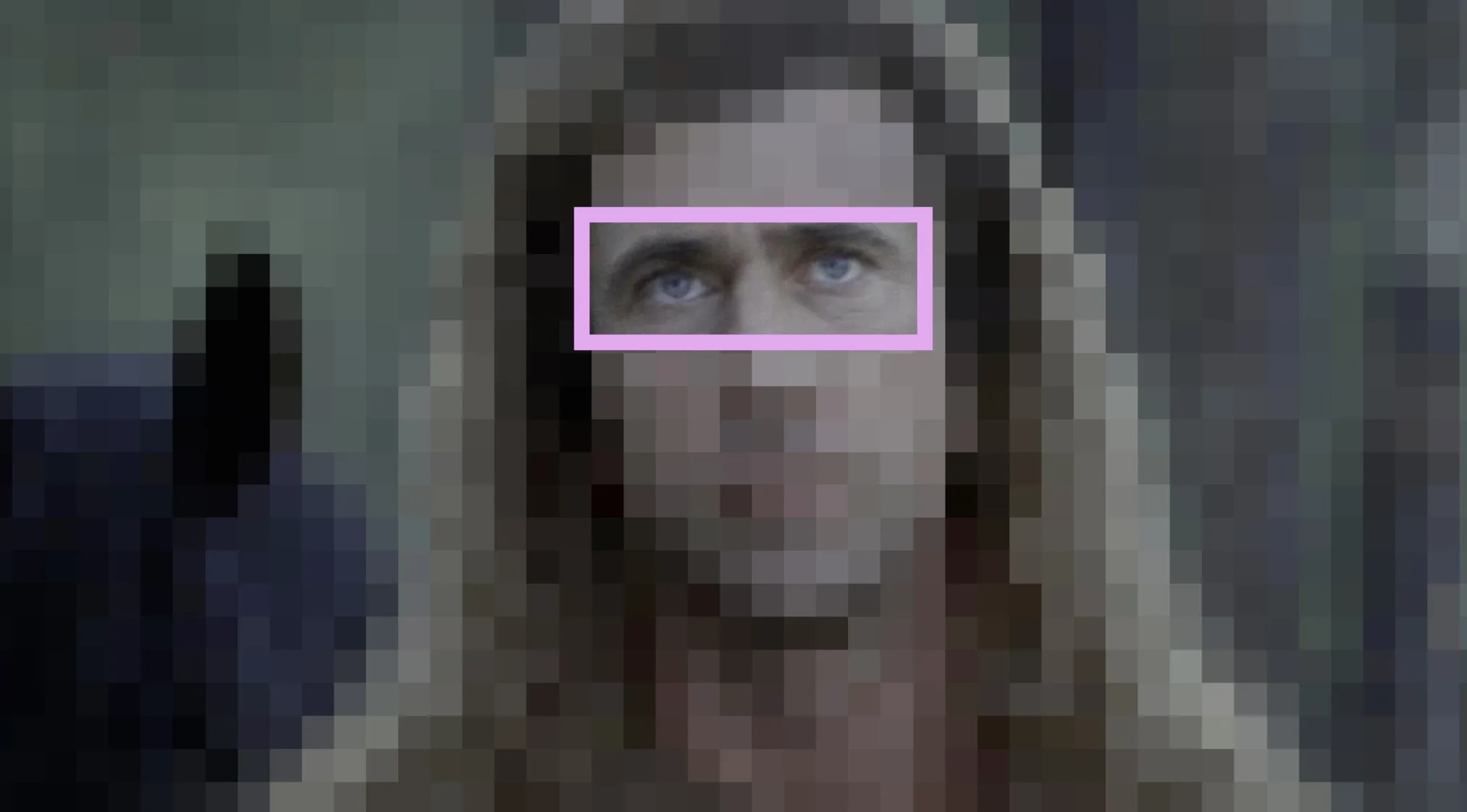 Pixelated image with a focus box on the blue eyes of a man with long hair, part of a '90s classic movie eyes quiz.
