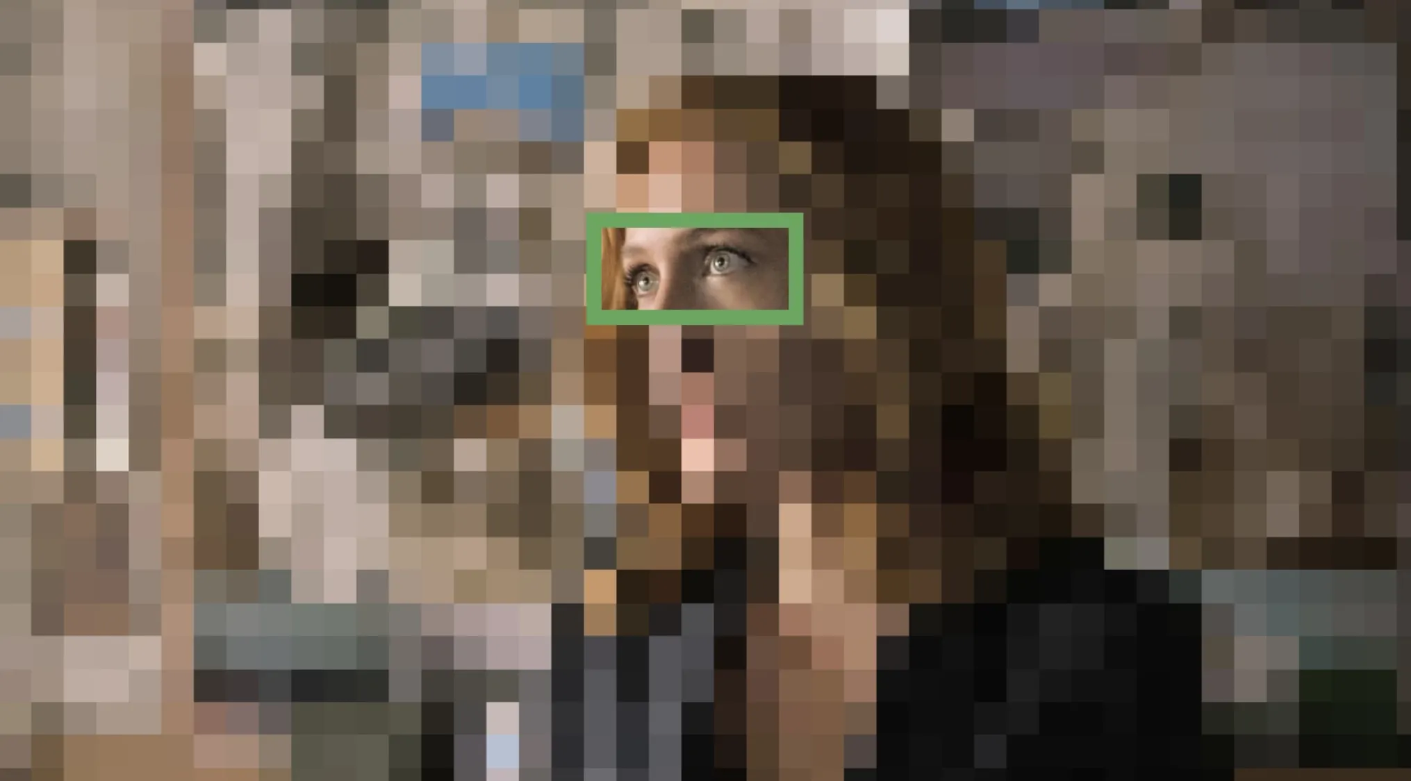 Heavily pixelated image with a focus on the eyes of a woman with red hair, to Guess The Movie & TV Show From The Eyes.