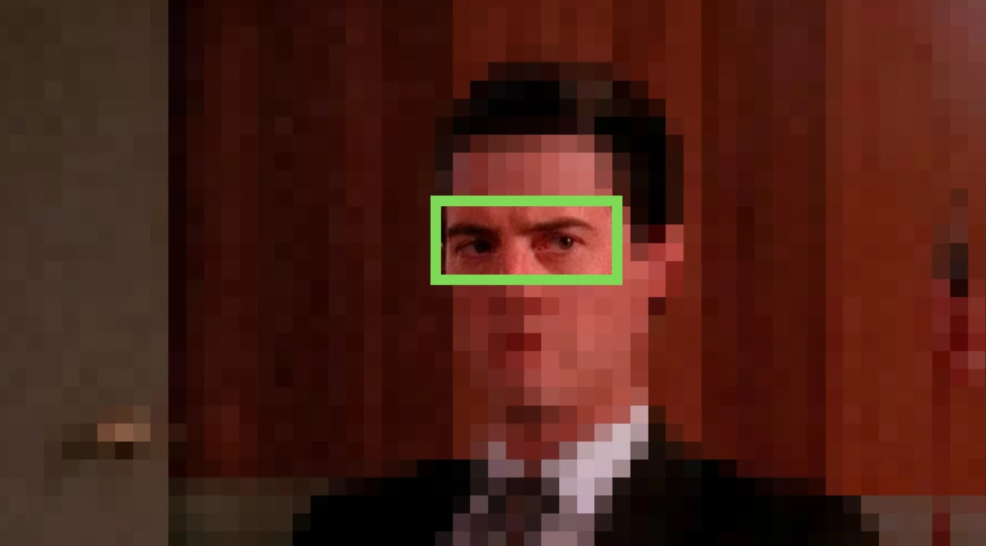Close-up of pixelated eyes in a TV show, asking viewers to guess the TV show from the eyes.