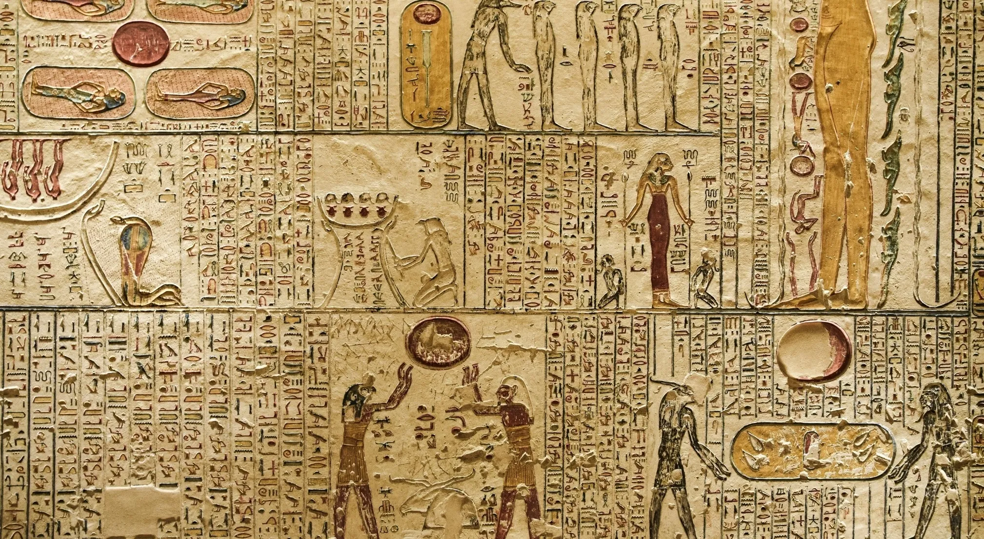 Detailed Egyptian hieroglyphs with figures and symbols, showcasing the ancient writing system. Ancient Civilizations.