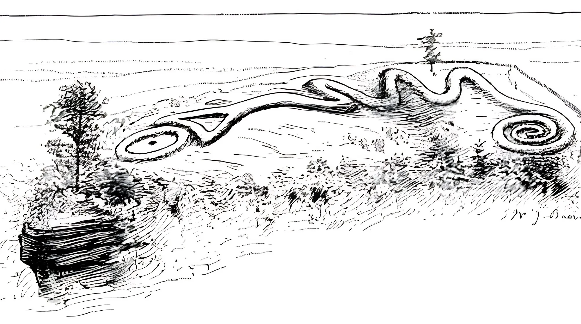 A pen-and-ink drawing of Serpent Mound, a famous ancient Woodland culture earthwork, highlighting its serpentine form and the surrounding landscape.