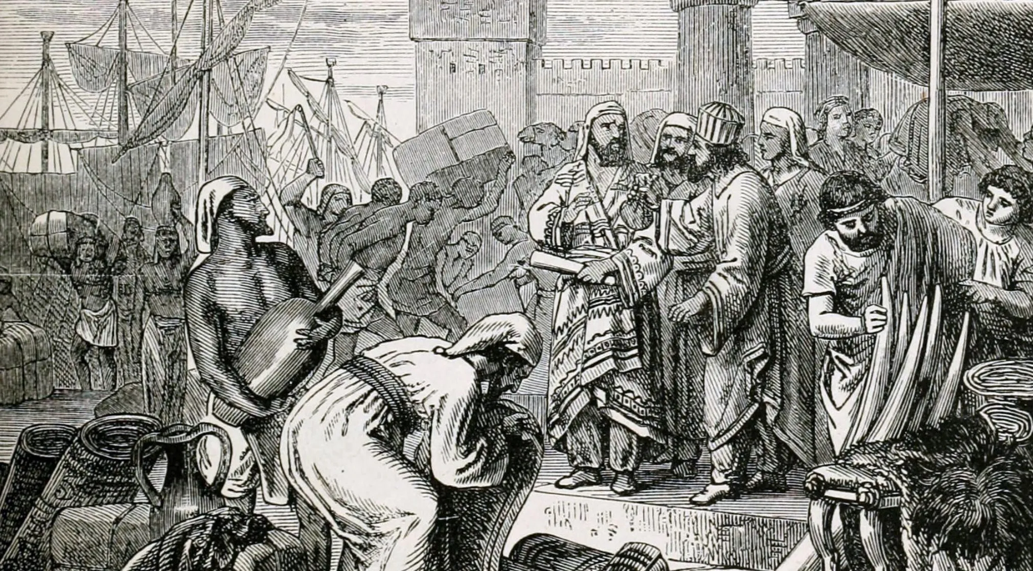 A detailed illustration of an ancient Phoenician city market with merchants, goods, ships, and bustling activity.