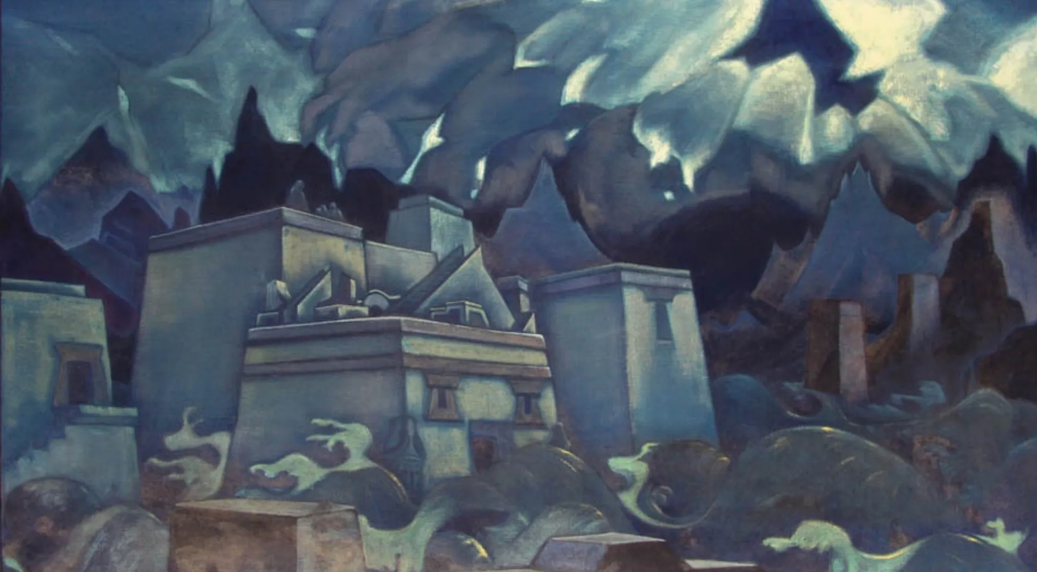 Stylized painting of Atlantis, ancient civilizations, with muted blues and greens depicting submerged structures under swirling waters.