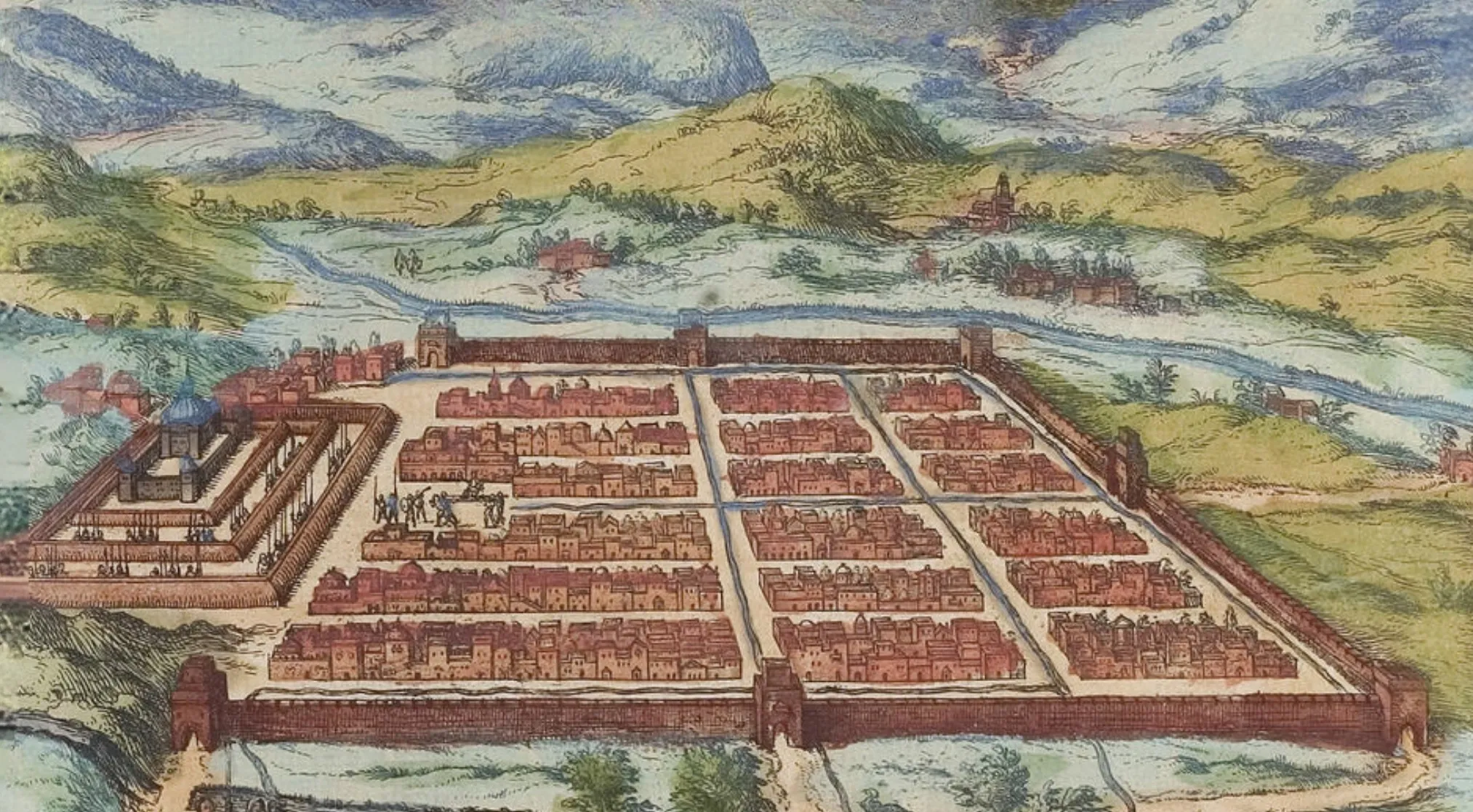 Ancient Civilizations: historical illustration of Cusco, a pre-Columbian city. Walled city with buildings and mountains.