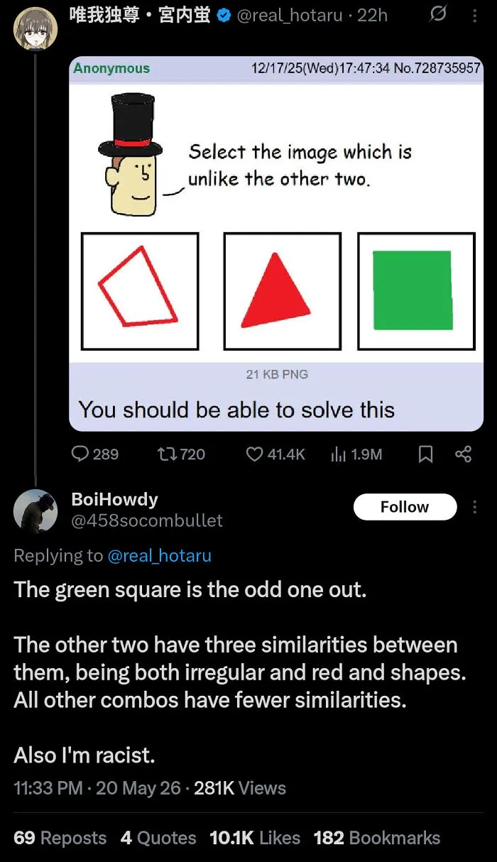 A social media post with a logic puzzle and a humorous reply, showcasing unhinged shared content.