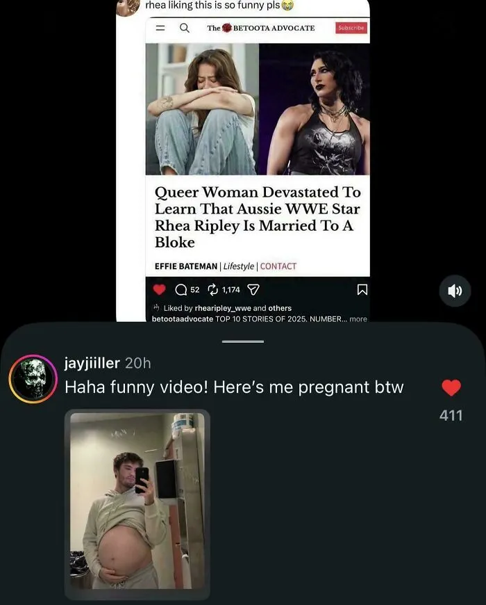 An Instagram post showing a person with a large belly, sharing unhinged things even though no one asked.