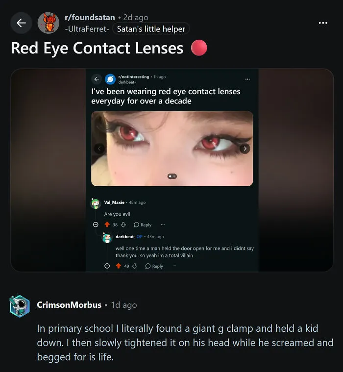An unhinged social media post discussing red eye contact lenses and a disturbing story in the comments.