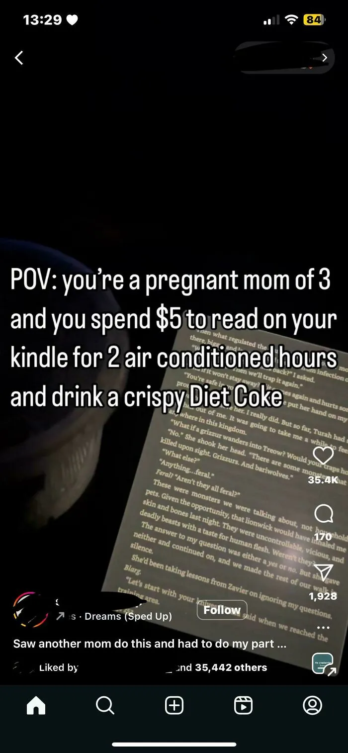 A pregnant woman reads a Kindle and drinks Diet Coke, exemplifying main character behavior.