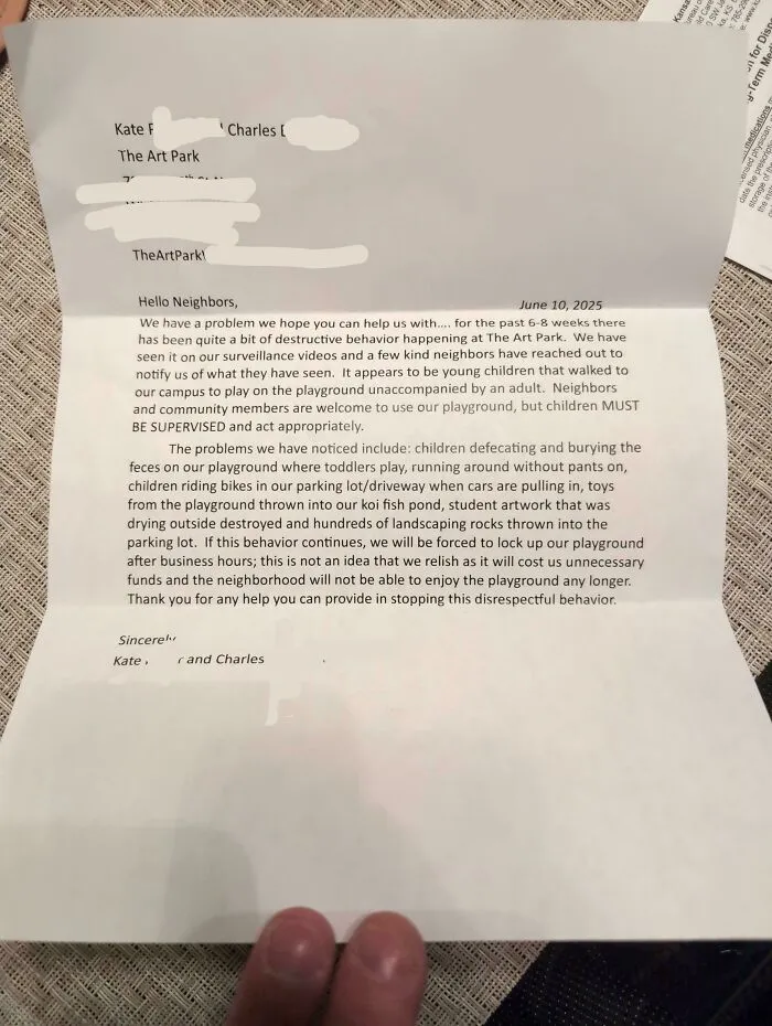 A letter detailing destructive behavior at a playground, highlighting people who think they are the main character.