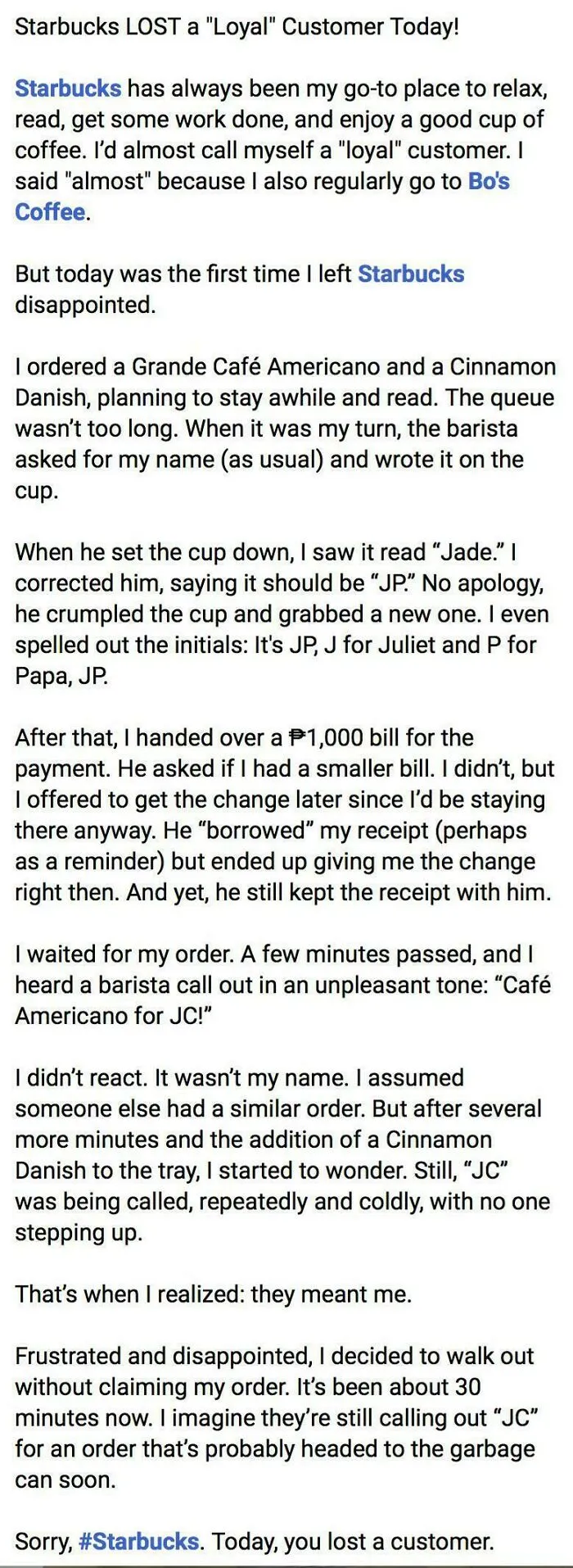Starbucks “Loosing” A Loyal Customer Because They Got His Name Wrong