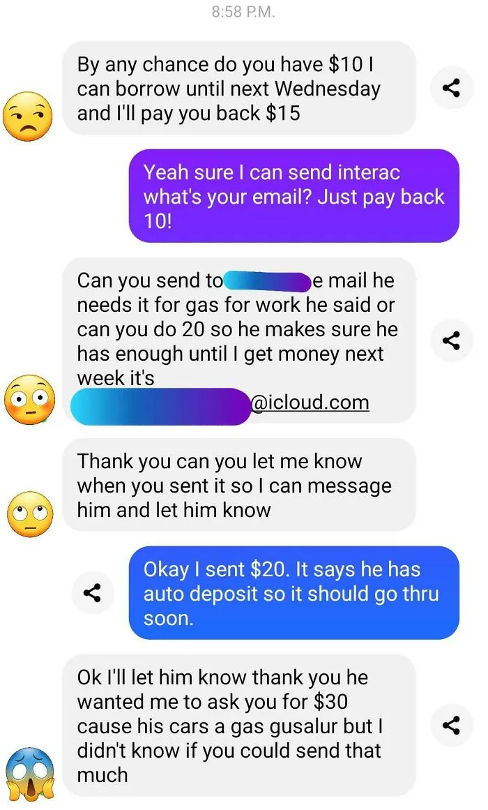 A text message conversation showing a person who thinks they are the main character asking for money and then increasing the request.