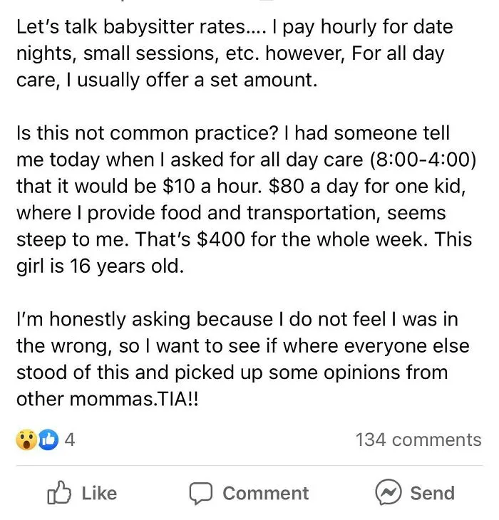 A social media post discussing babysitter rates, with the poster questioning standard practices, acting like the main character.