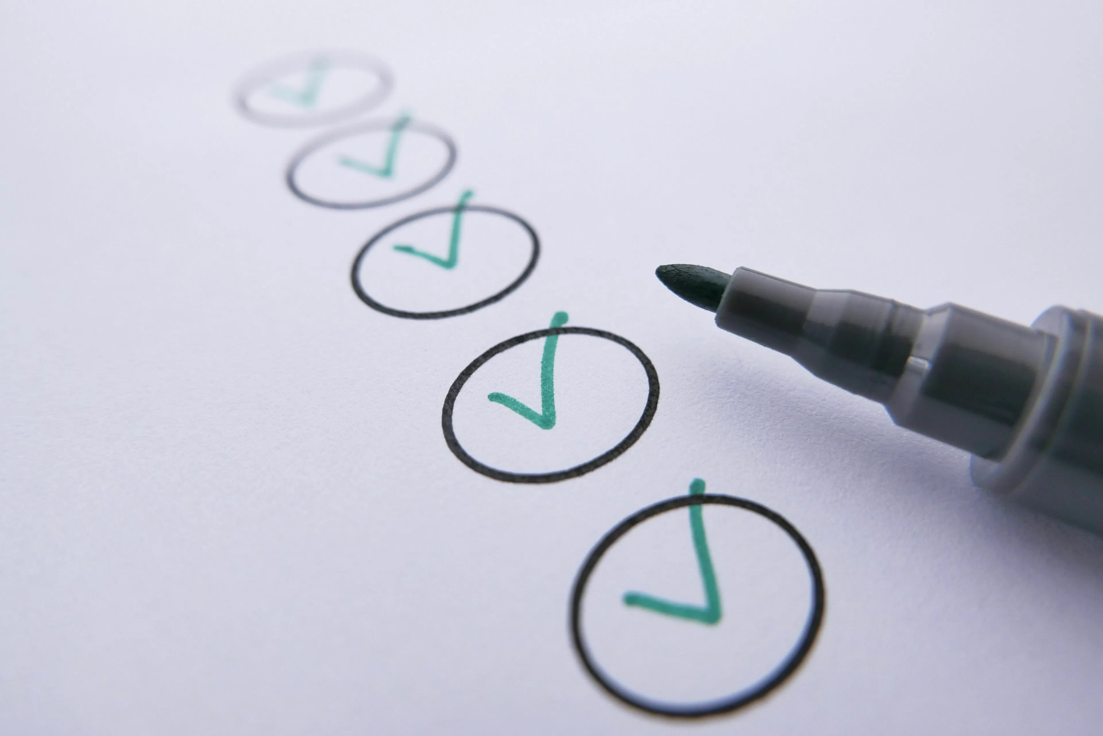 A checklist with green checkmarks and a marker, illustrating qualities to look for in a person for a green flag.