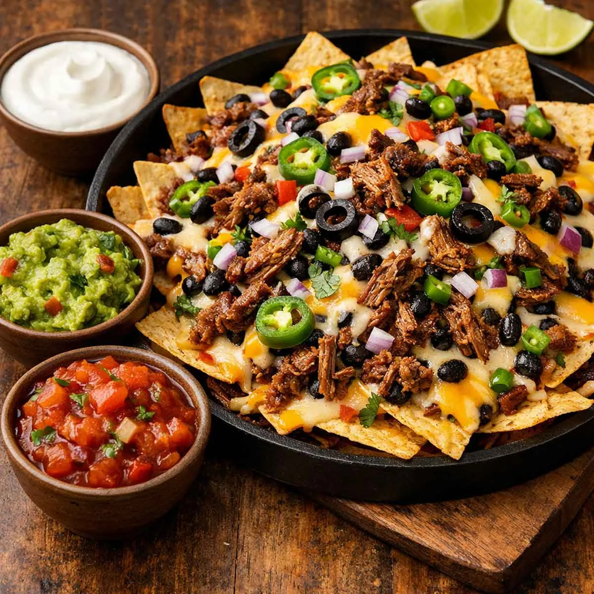 A pan of loaded nachos with beef, cheese, olives, and jalapenos, served with guacamole, salsa, and sour cream.