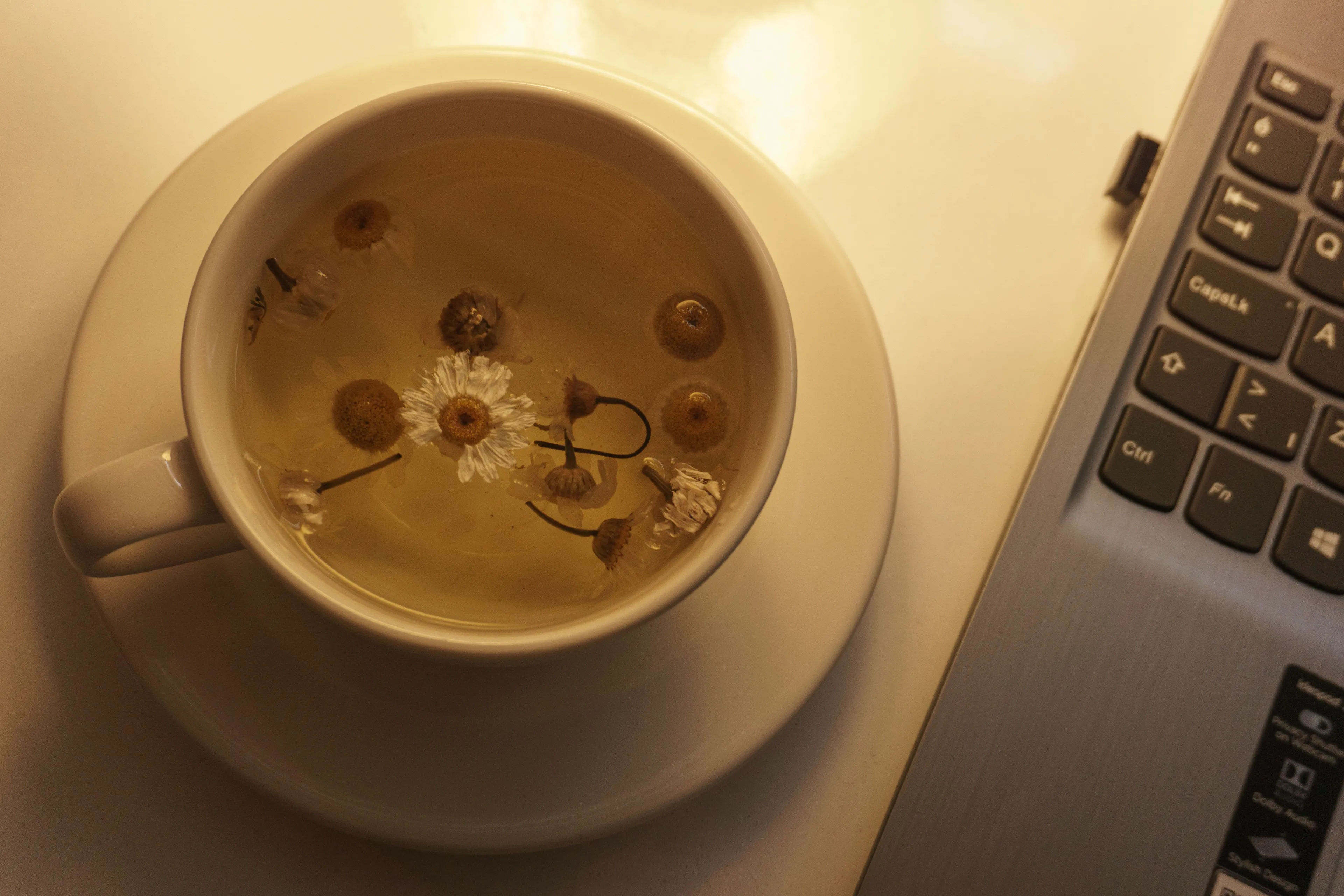 Last thing you do before bed: A cup of chamomile tea with flowers steeping, next to a laptop keyboard.
