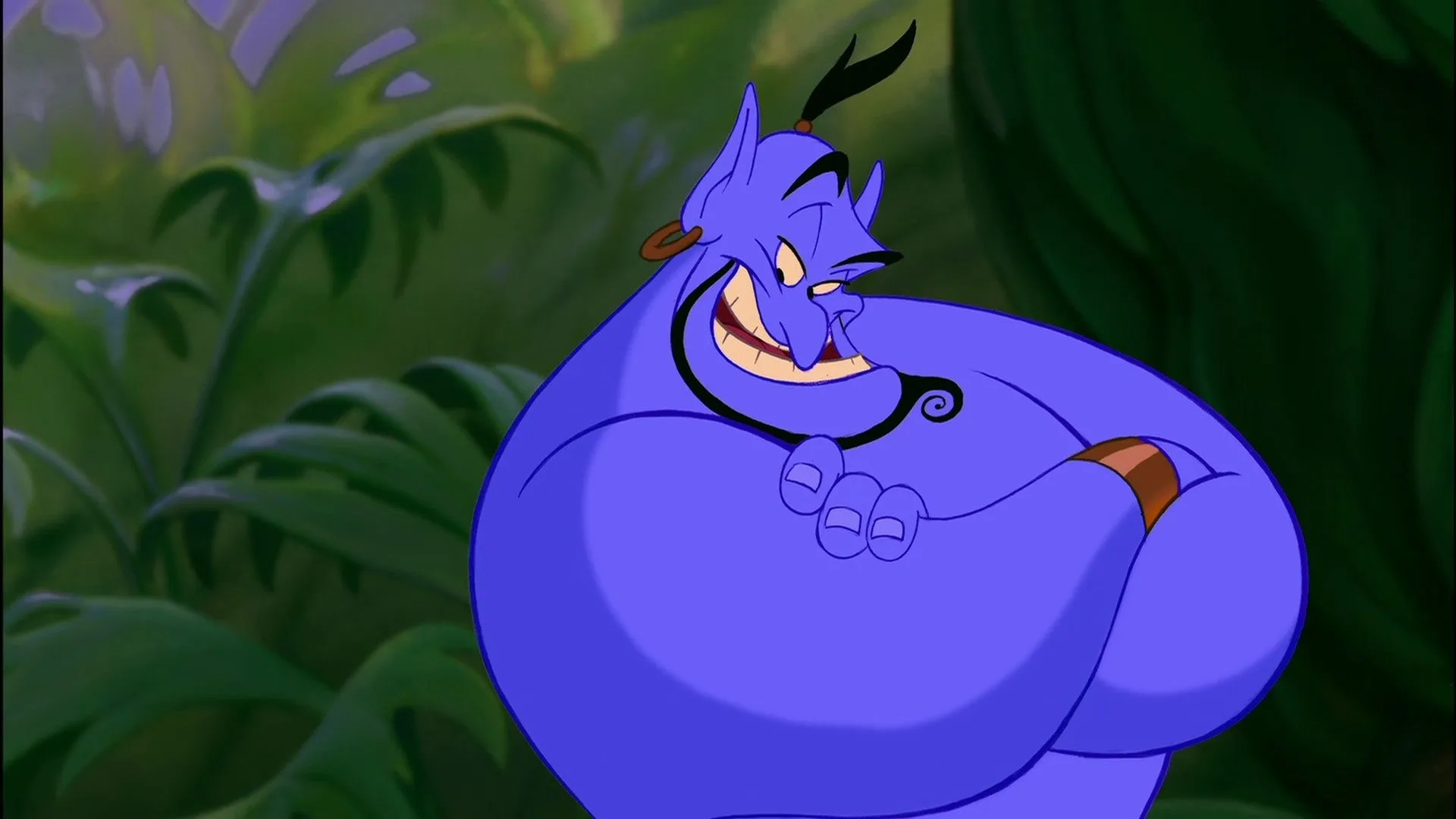 A fictional mentor, Genie, smiling mischievously, from Aladdin.