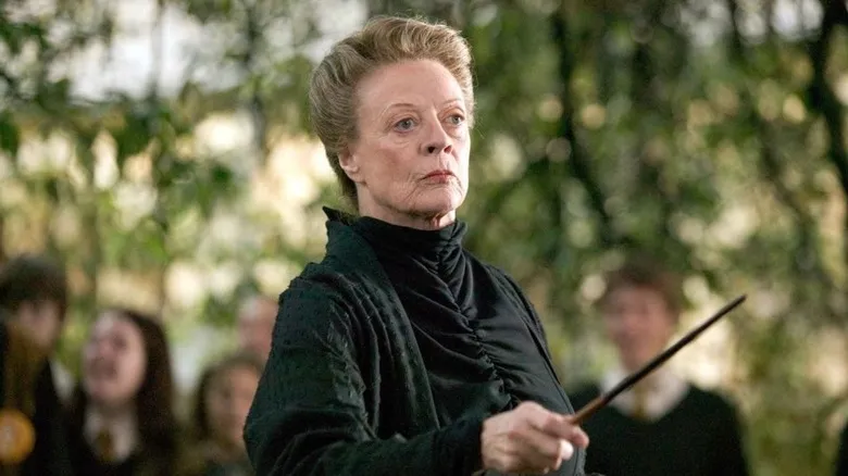 Professor McGonagall, a fictional mentor, holding a wand with a stern expression, teaching students outdoors.