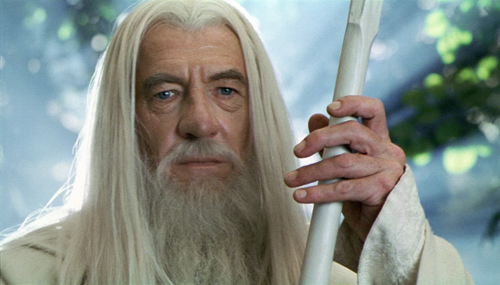 A fictional mentor, Gandalf, looking wise and holding his staff.