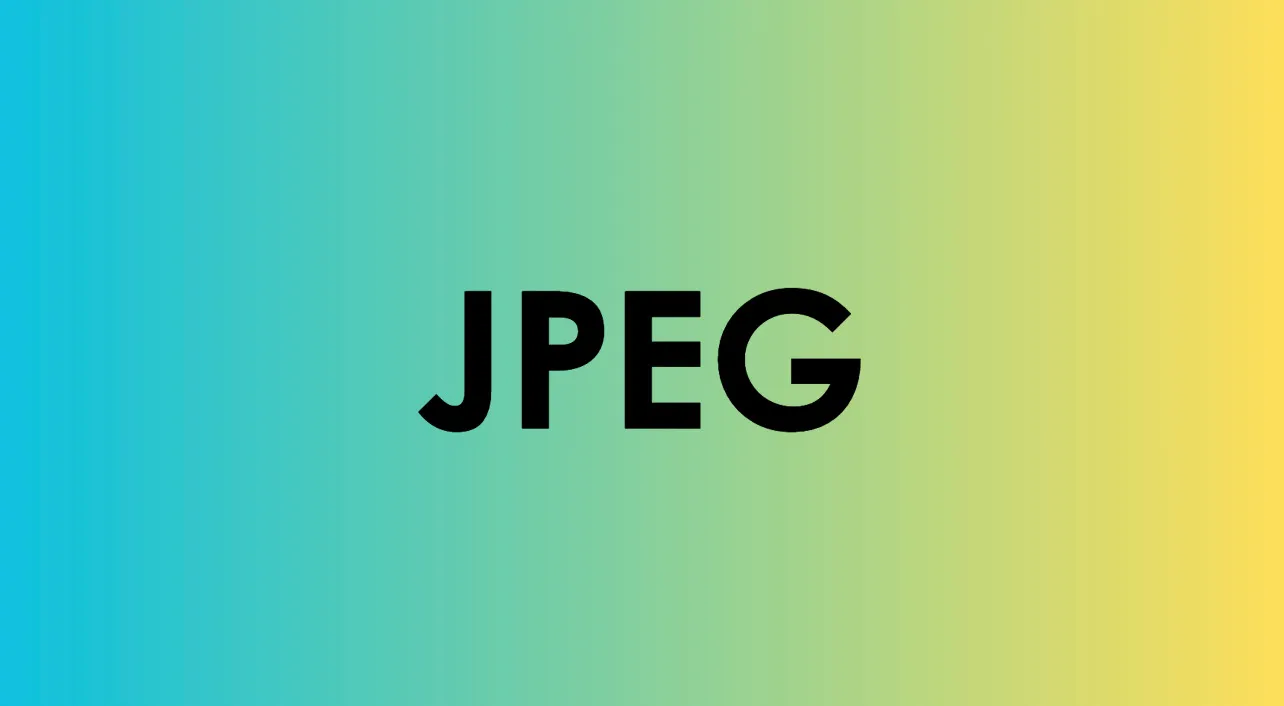 The letters JPEG in bold, centered on a vibrant blue and yellow gradient background, related to general knowledge.