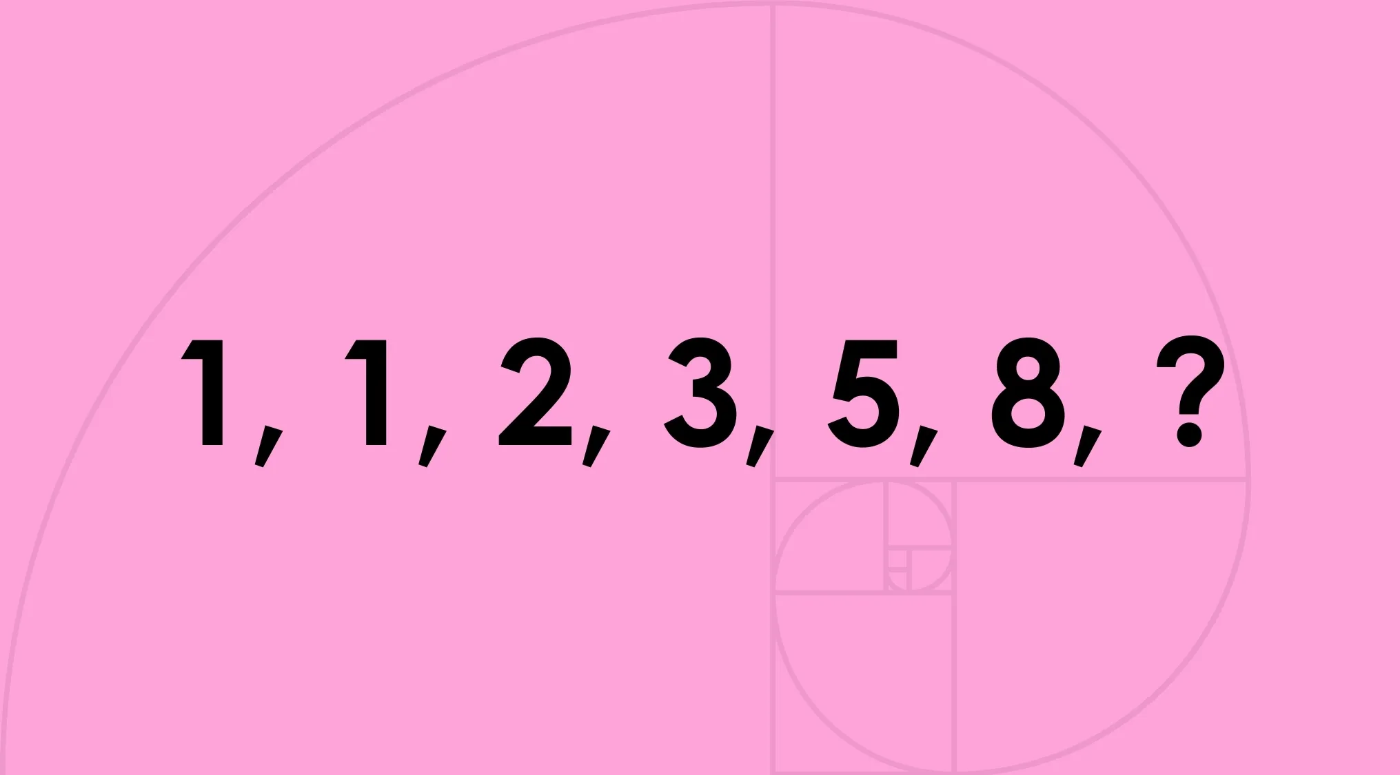 The Fibonacci sequence 1, 1, 2, 3, 5, 8, ? on a pink background with a spiral, prompting the next number in the sequence.
