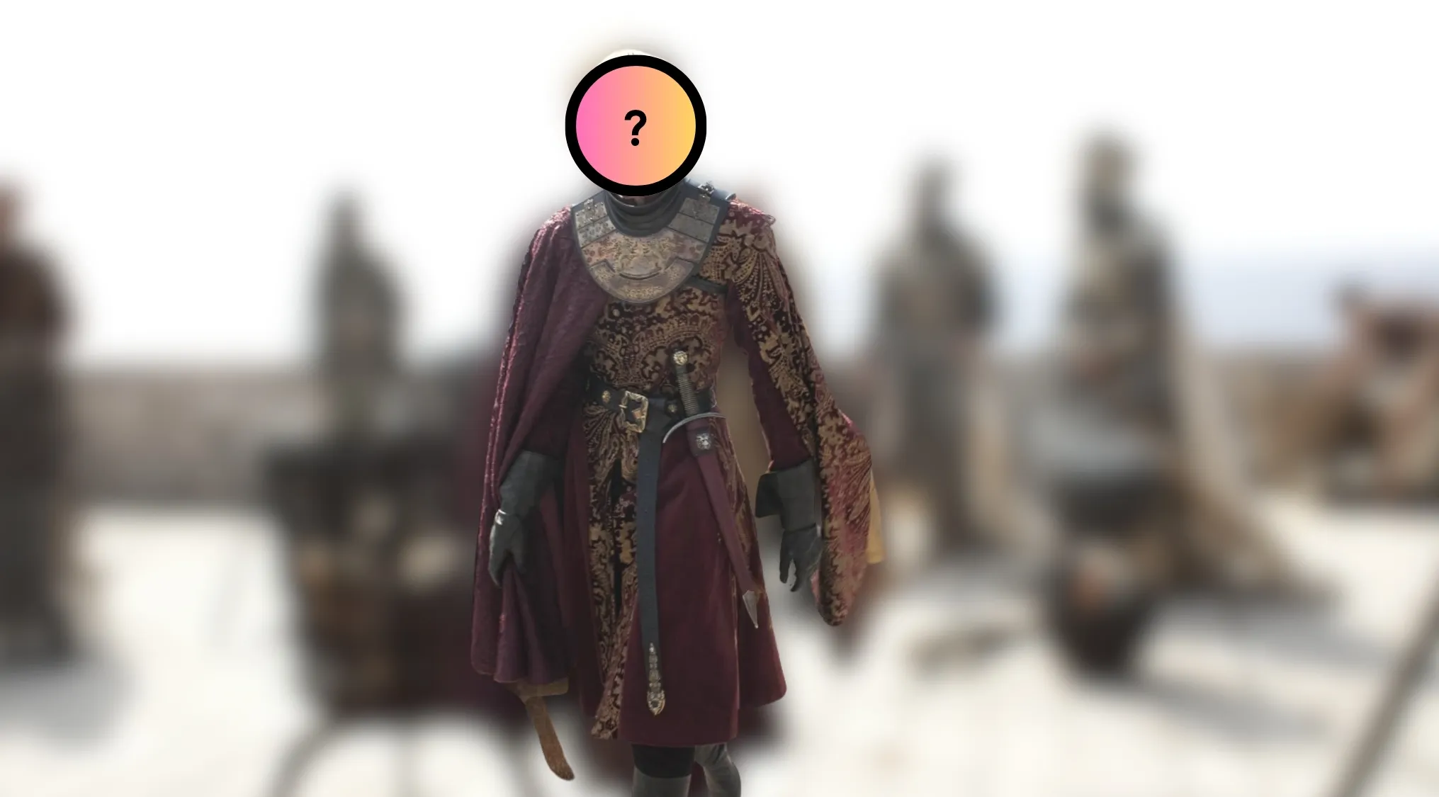 An elaborate villain outfit from Game of Thrones with a question mark over the face. Guess the villain.