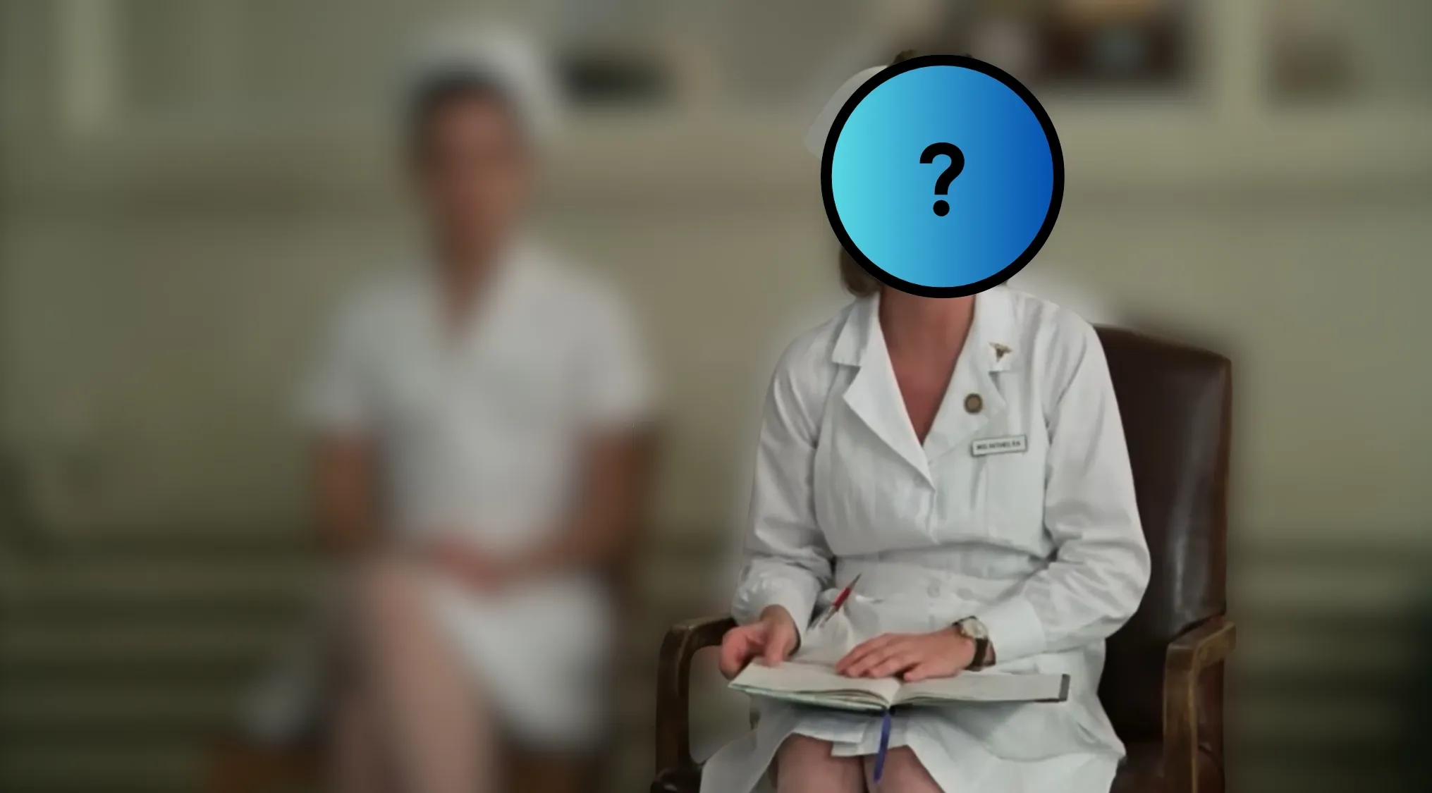 A blurry nurse outfit with a question mark over the face. Guess the antagonist from this outfit.
