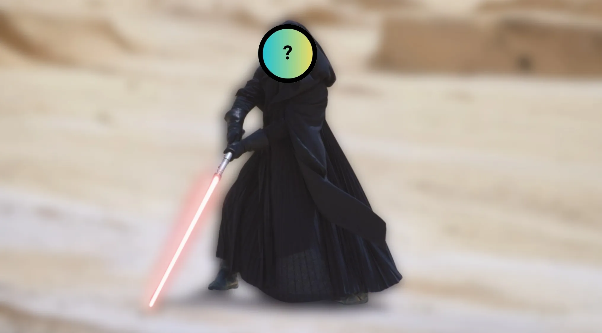A dark hooded figure holding a red lightsaber, a Star Wars villain by their outfit.