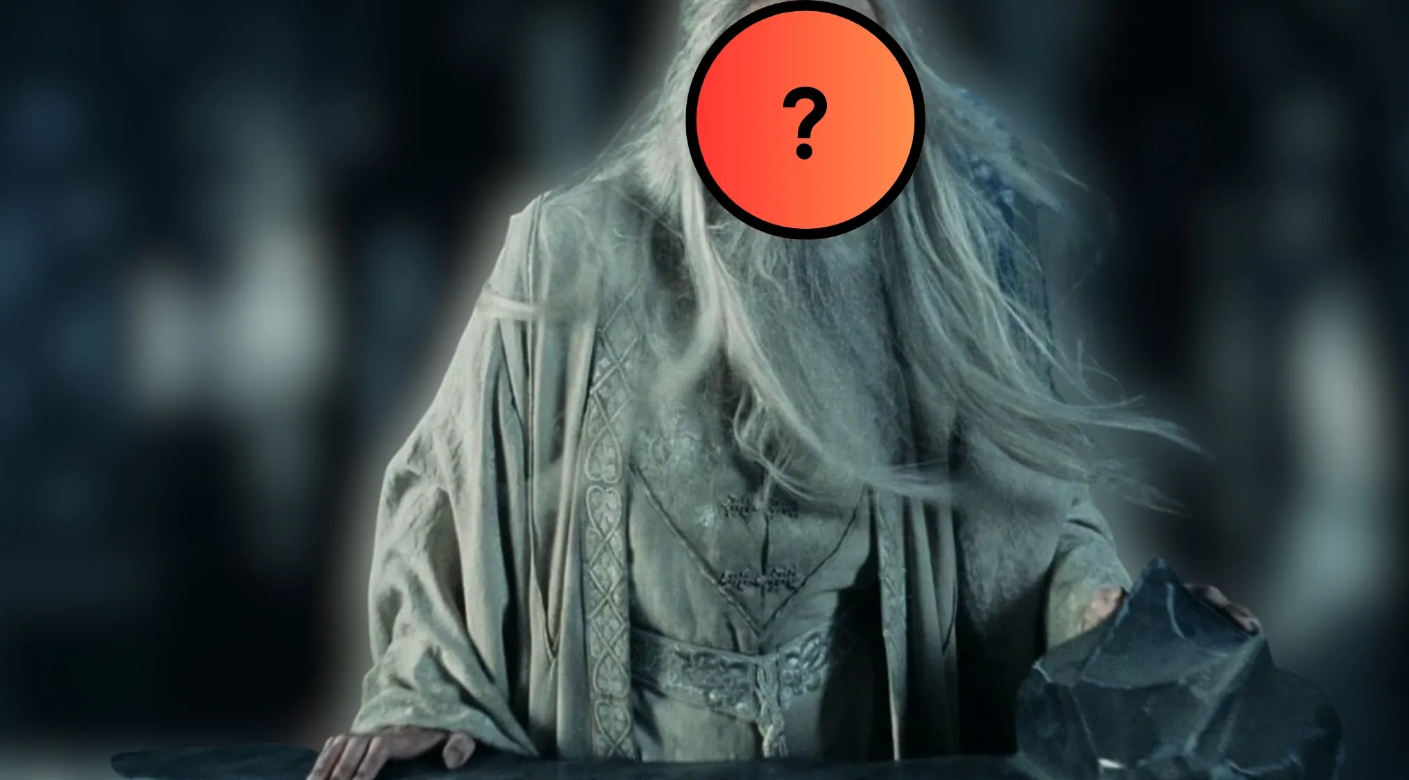 A figure in a long grey robe with a question mark over the face, a villain outfit from a fantasy franchise.