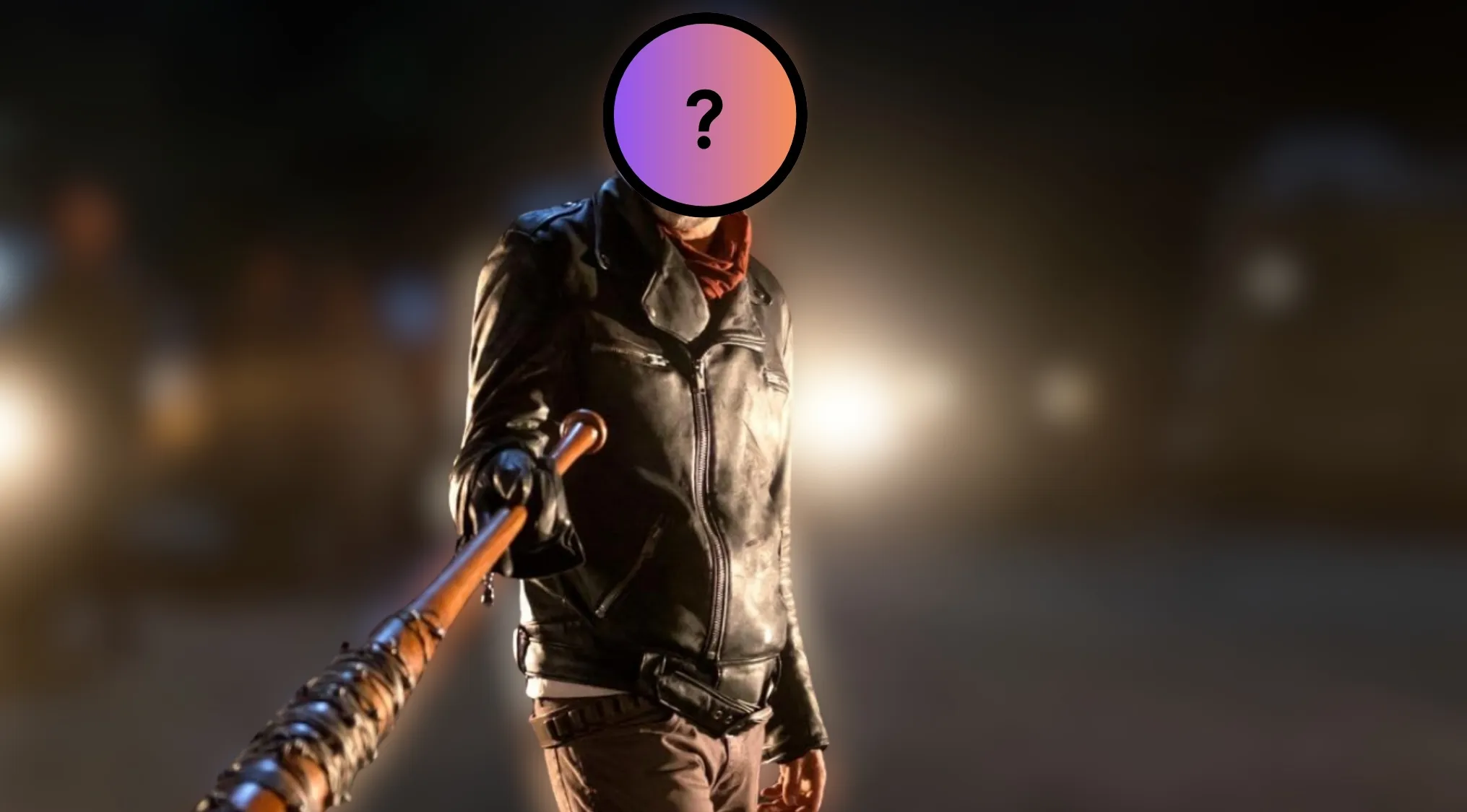 A person in a black leather jacket holding a baseball bat, representing a TV show villain by their attire.