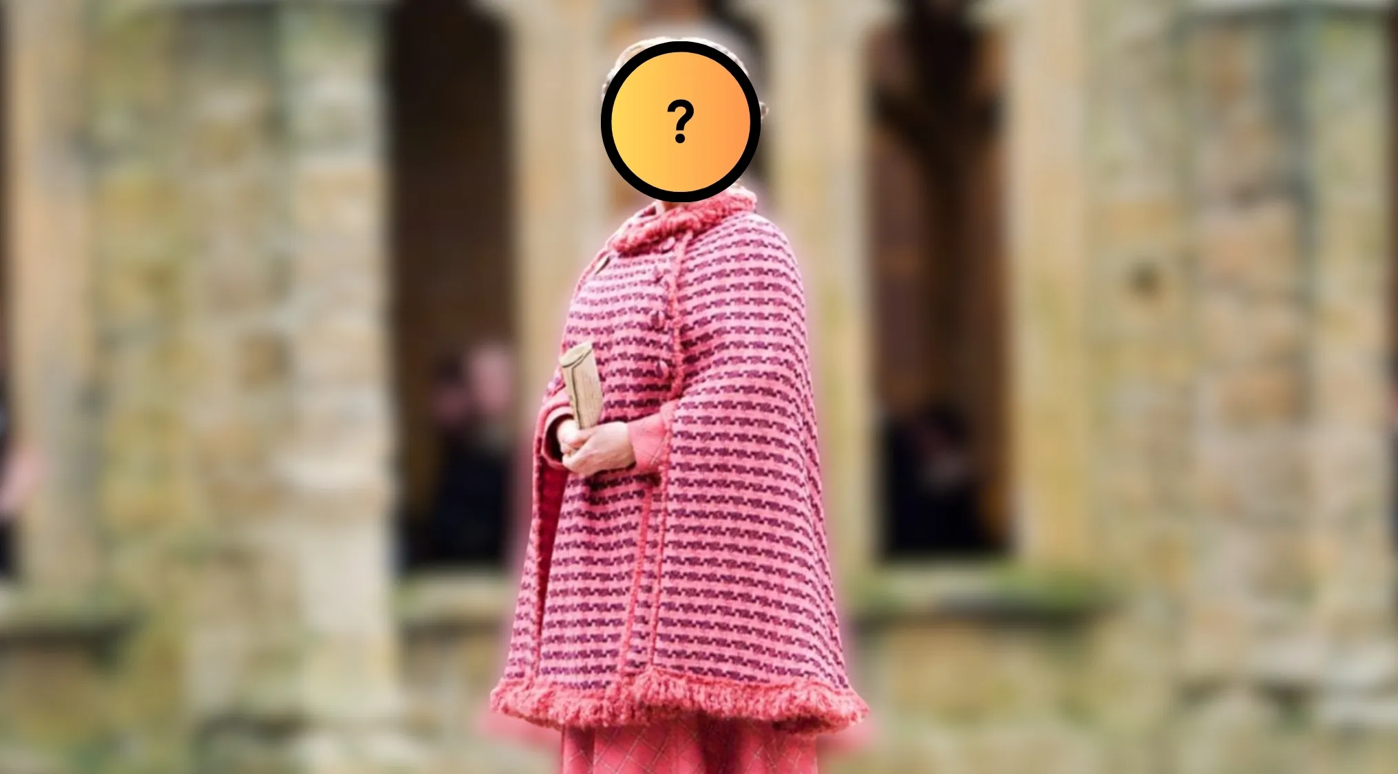 Guess the Harry Potter villain by their outfit: a blurred image of a character in a recognizable pink cape and dress.