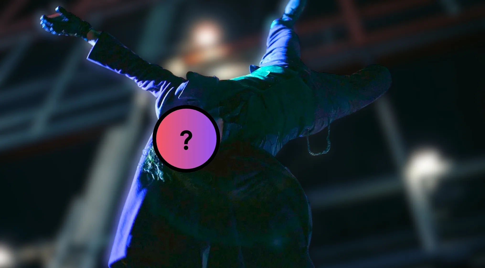 Guess the villain by their outfit: a blurred image of a character in a dark, long coat, arms outstretched.