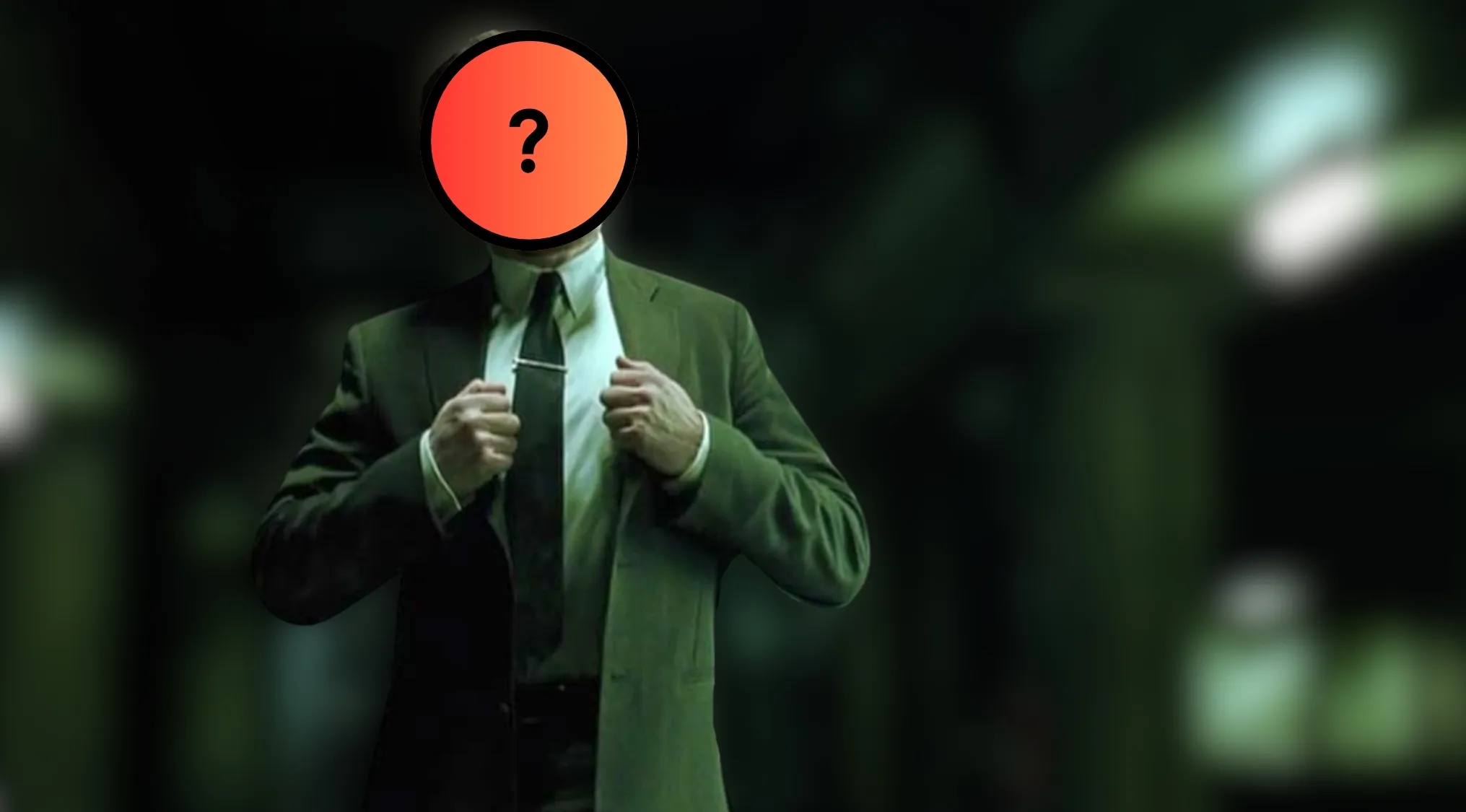 Guess the villain by their outfit: A man in a suit with a question mark over his face, hiding his villain identity.