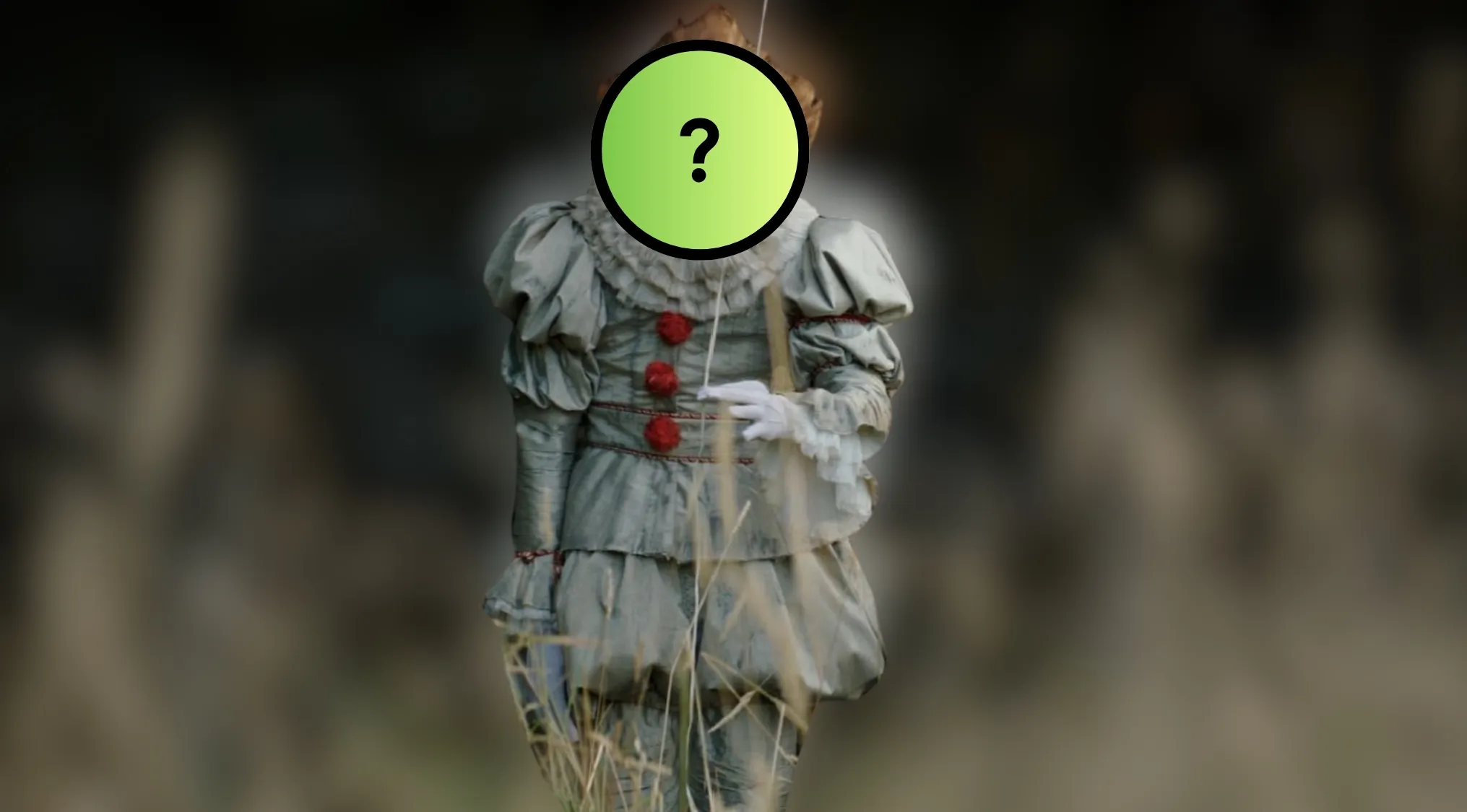 Guess the villain by their outfit: A villain in a clown costume with a question mark over their face.