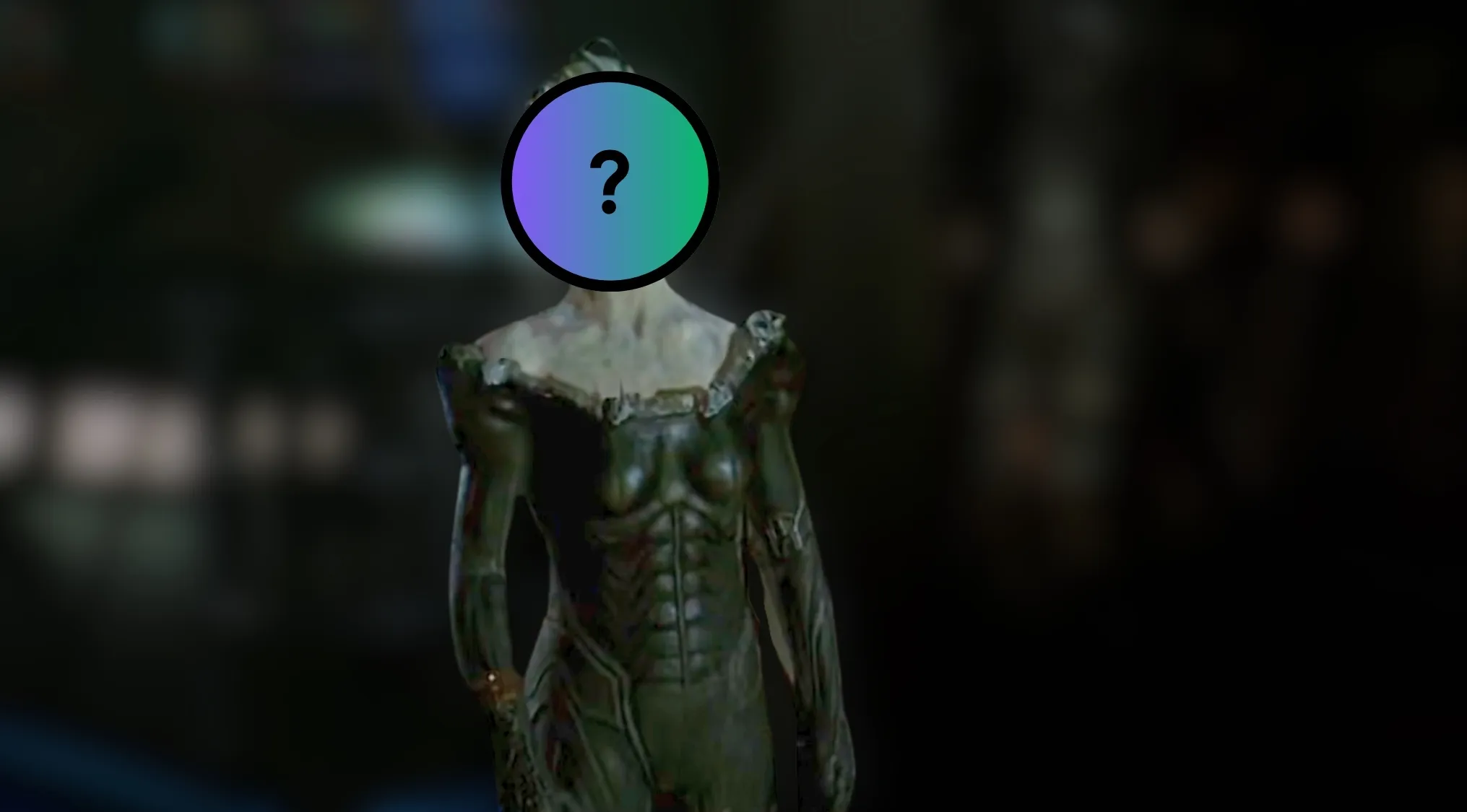 Guess the villain by their outfit: A sci-fi villain in an elaborate costume with a question mark over her face.